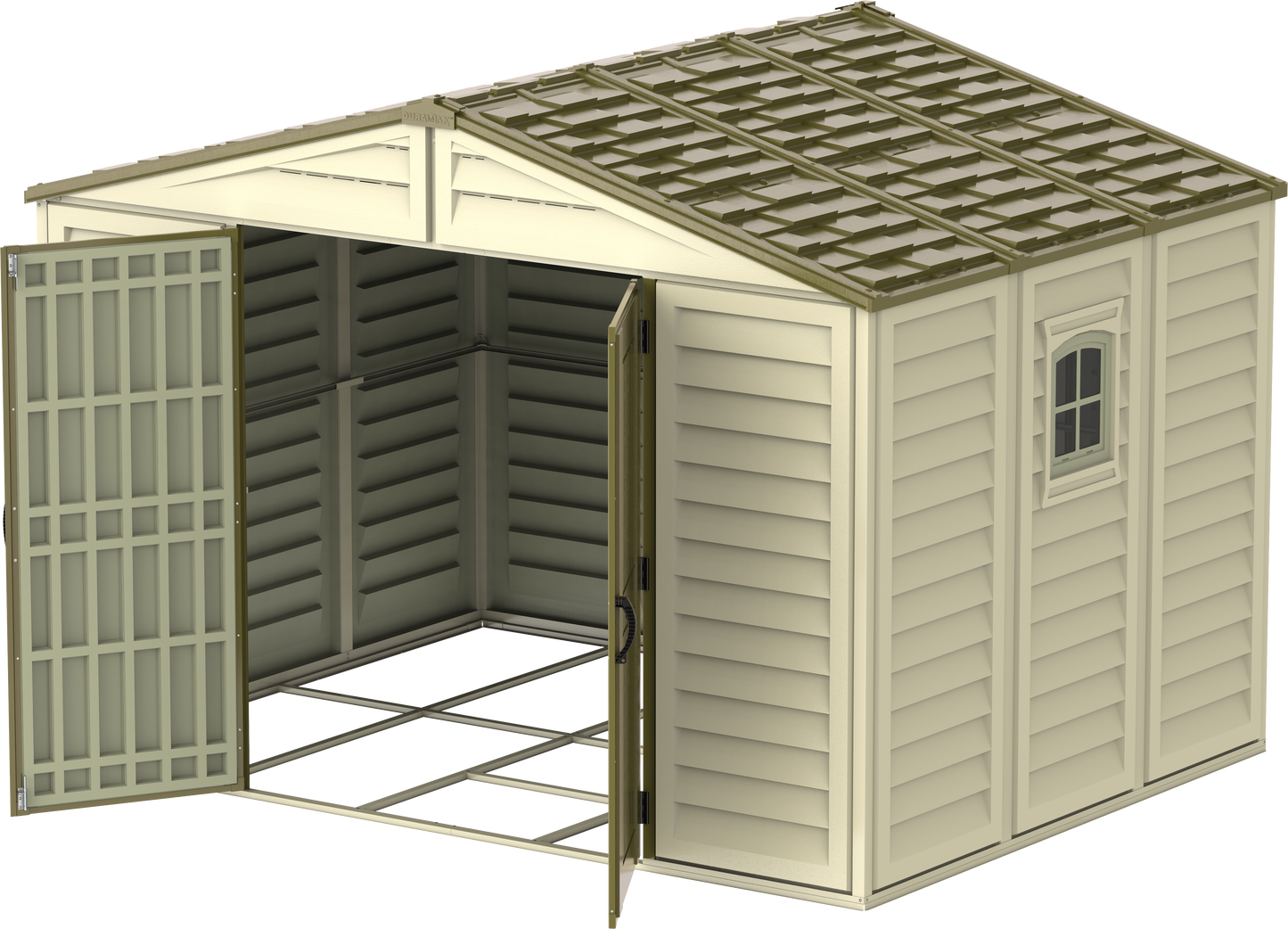 Duramax 10.5x8 Woodbridge PLUS Vinyl Shed with open doors, showcasing durable fire-retardant vinyl and foundation framing kit, item 40214.