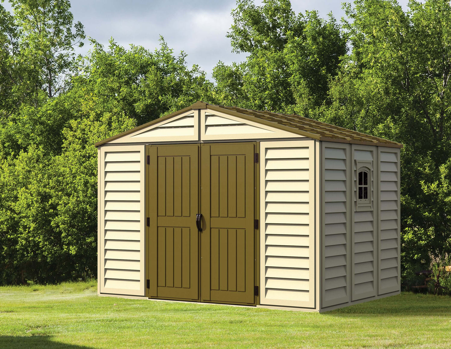 Duramax 10.5x8 Woodbridge PLUS Vinyl Shed with foundation, durable and weather-resistant, ideal for storage.