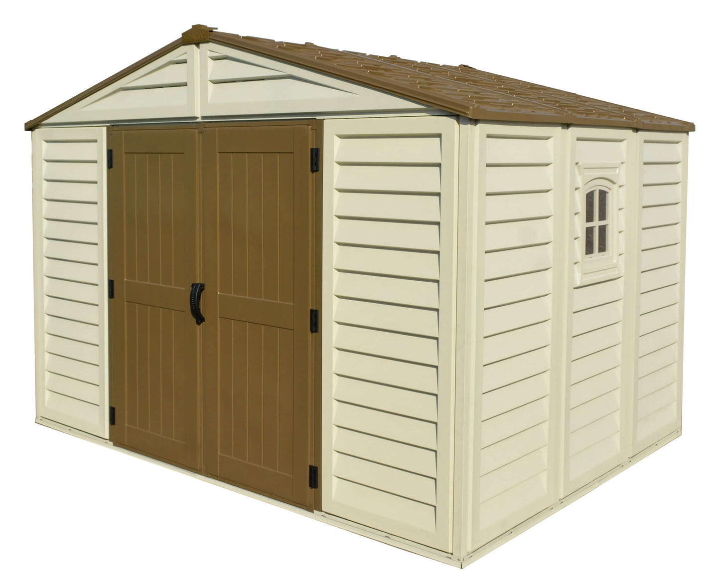 Duramax 10.5x8 Woodbridge PLUS Vinyl Shed with brown doors and foundation kit, resilient to weather, rust, and mildew.