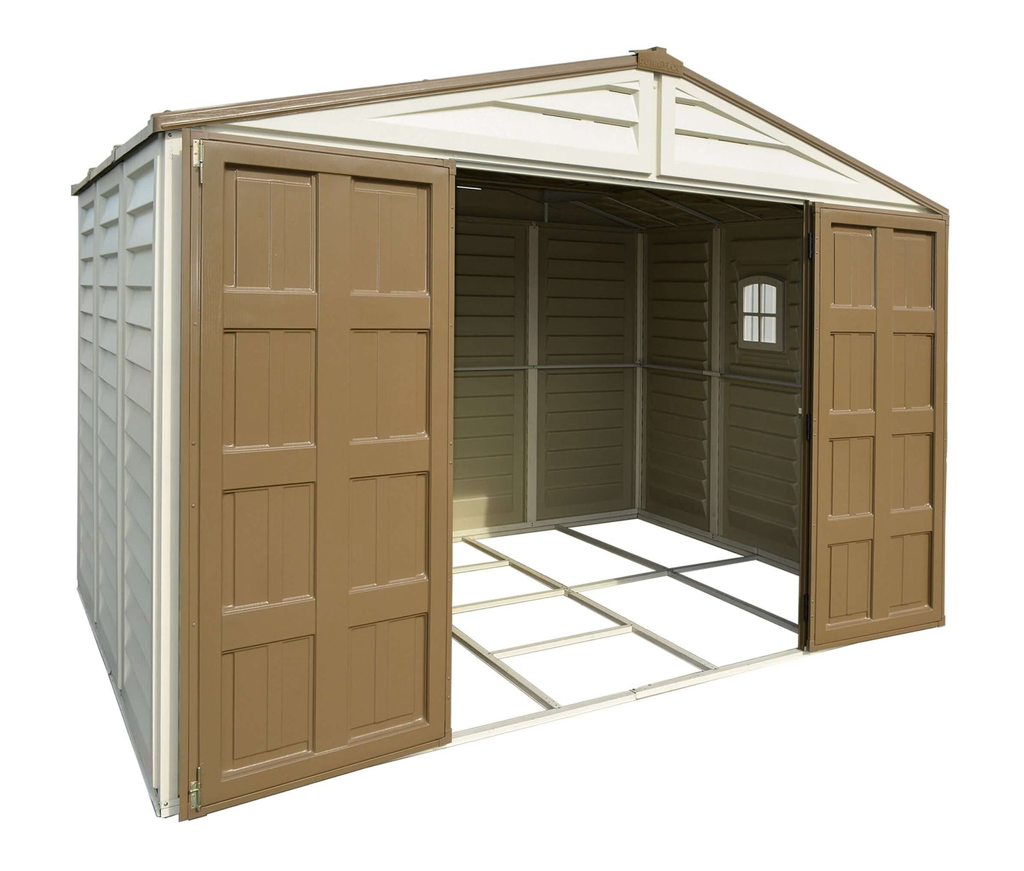 Duramax 10.5x8 Woodbridge PLUS Vinyl Shed with Foundation 40214, showcasing open doors and sturdy all-weather vinyl construction.