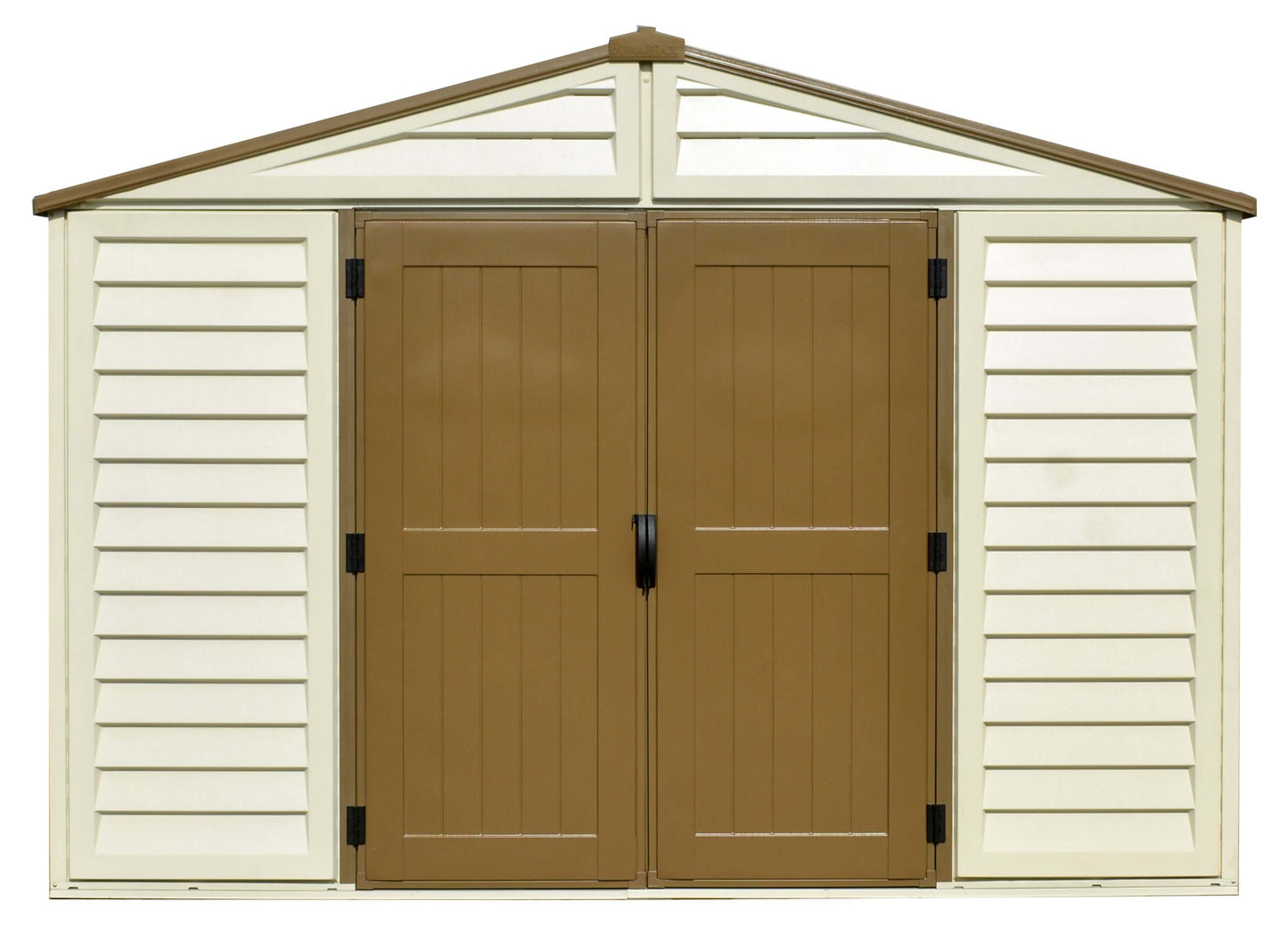 Duramax 10.5x8 Woodbridge PLUS vinyl shed with foundation, featuring durable all-weather construction, fire-retardant and rust-resistant design.