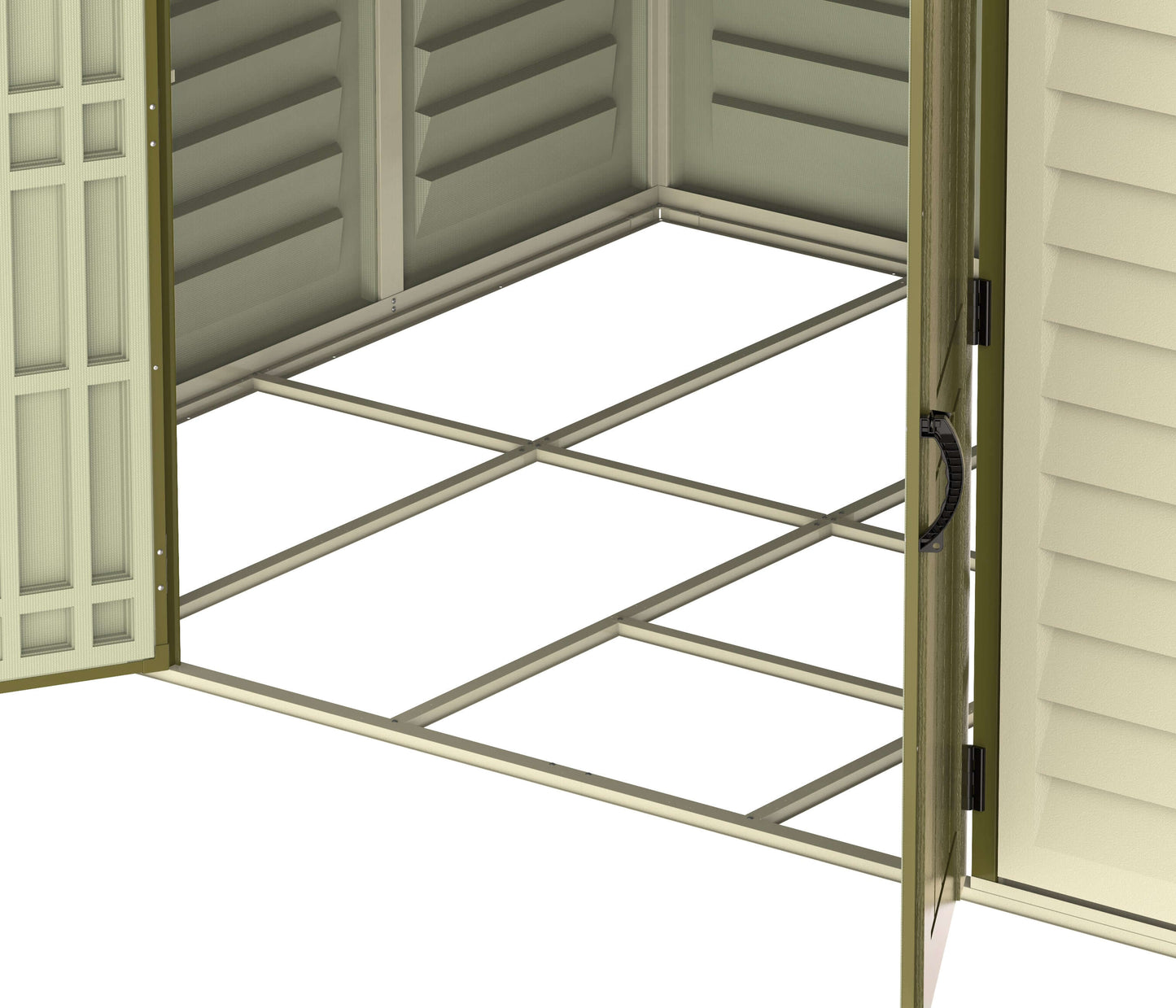 Interior view of Duramax 10.5x8 Woodbridge PLUS Vinyl Shed with foundation framing kit, showing durability and design.