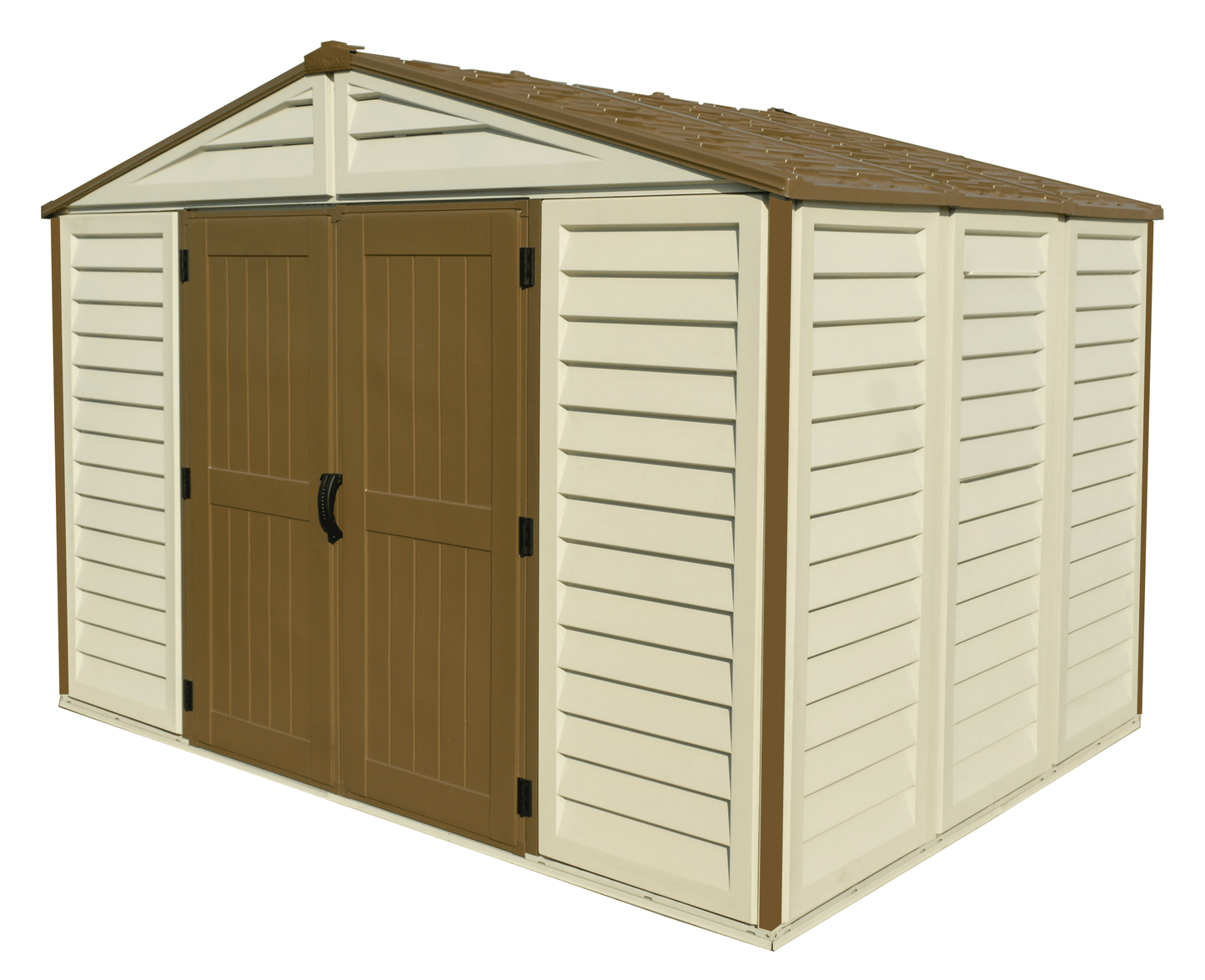 Duramax 10.5x8 Woodbridge PLUS Vinyl Shed with brown doors, featuring durable weather-resistant construction.