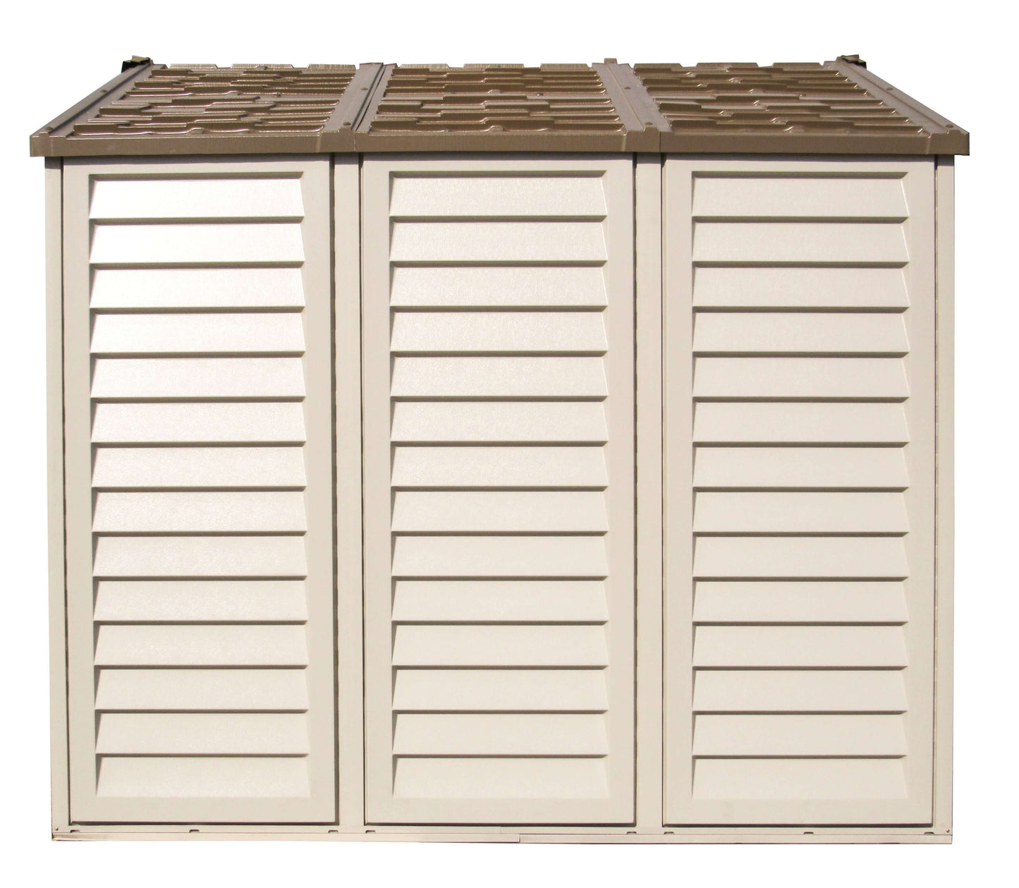 Duramax 10.5x8 Woodbridge PLUS Vinyl Shed with foundation, featuring durable, fire-retardant vinyl for weather resistance.