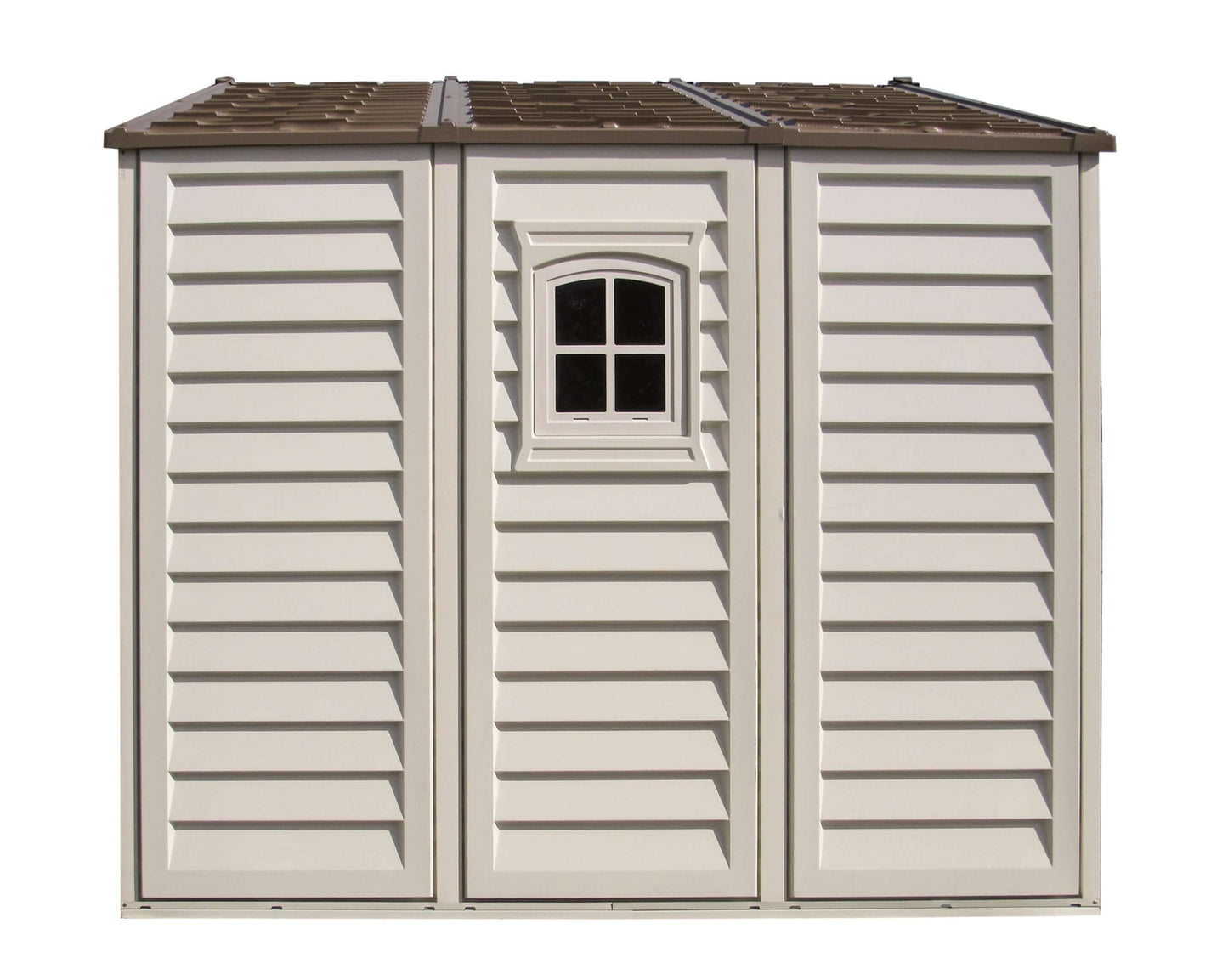 Duramax Woodbridge PLUS Vinyl Shed with Foundation, durable all-weather construction, fire retardant, rust-resistant. Ideal storage.