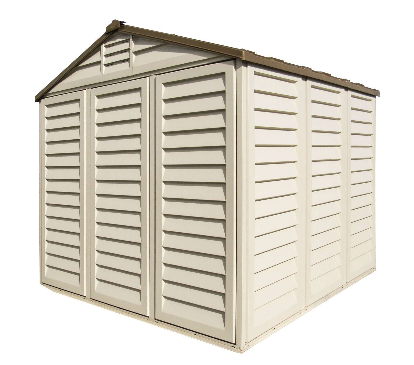 Duramax 10.5x8 Woodbridge PLUS Vinyl Shed with Foundation, fire retardant and rust-resistant, ideal for all-weather use.