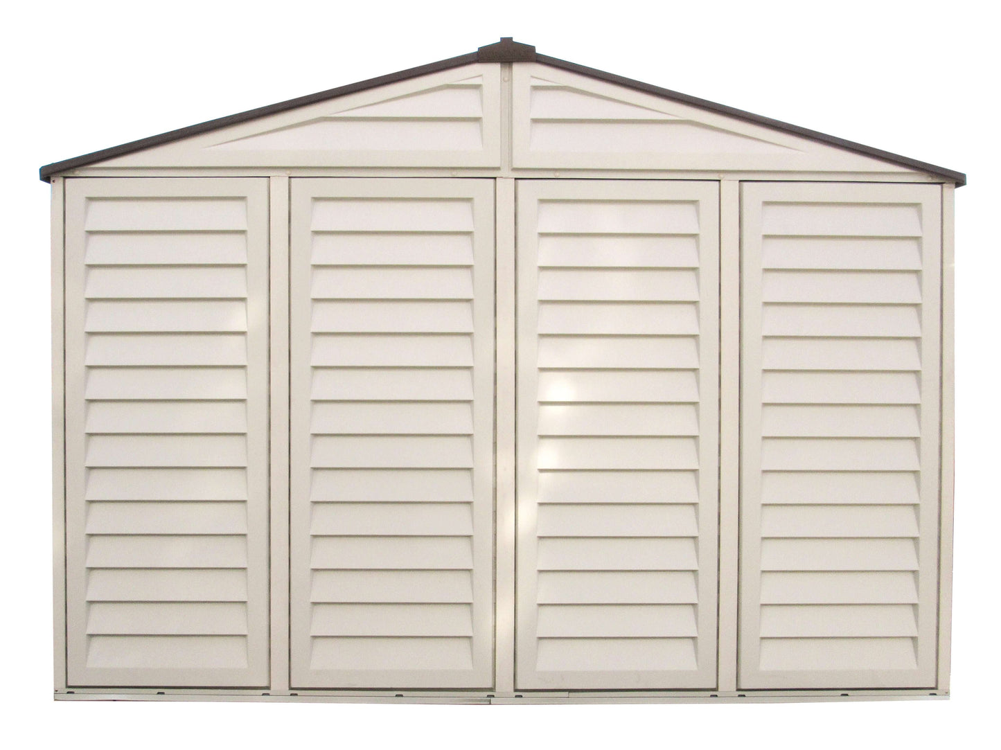 Duramax 10.5x8 Woodbridge PLUS Vinyl Shed with Foundation, durable and fire retardant, ideal for outdoor storage.