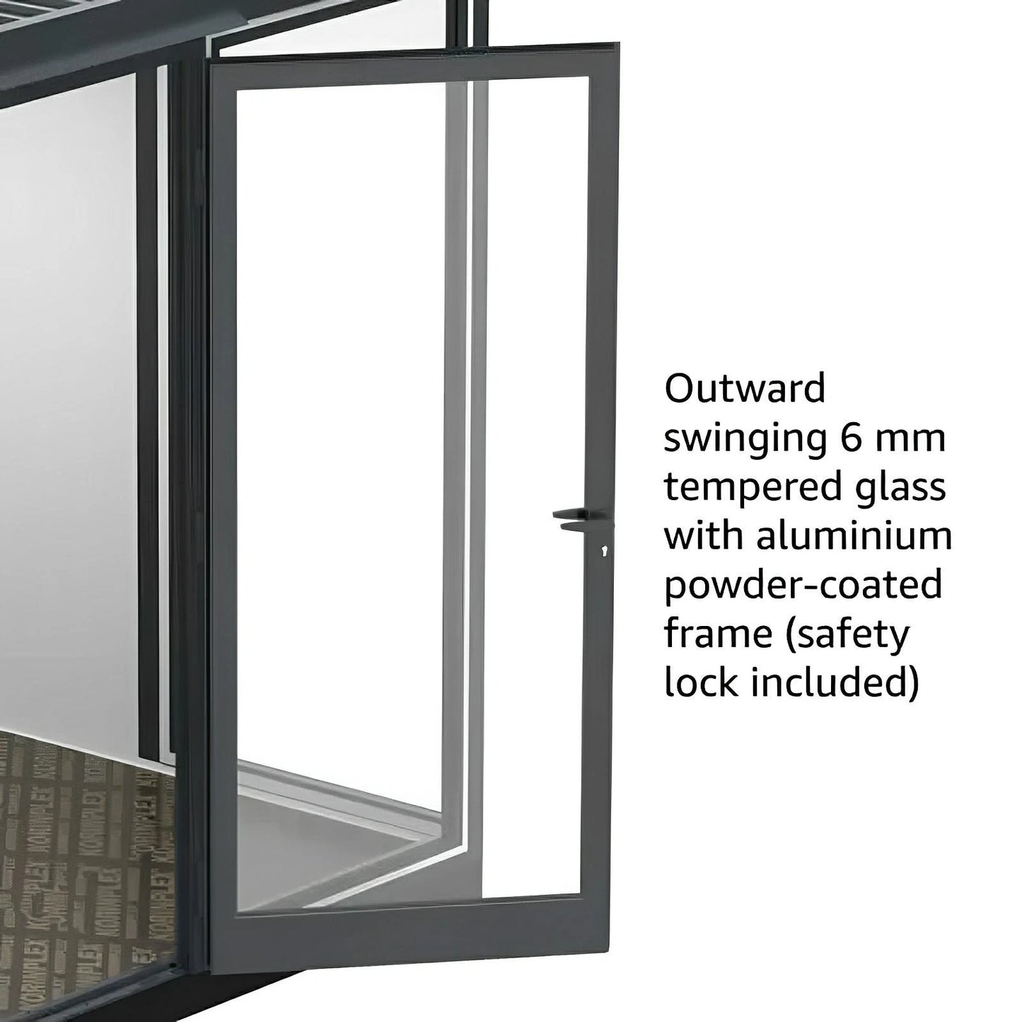 Duramax garden room outward swinging tempered glass door with aluminum frame and safety lock.