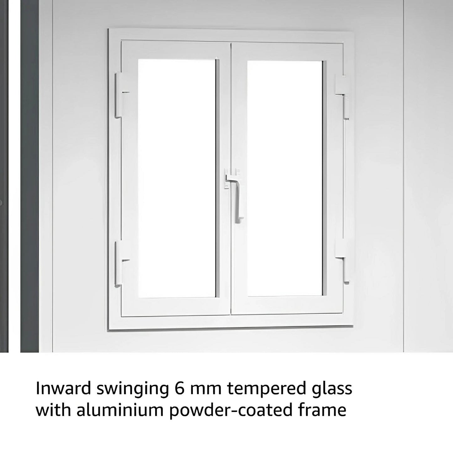 Inward swinging window with 6mm tempered glass and aluminum powder-coated frame for Duramax garden room.