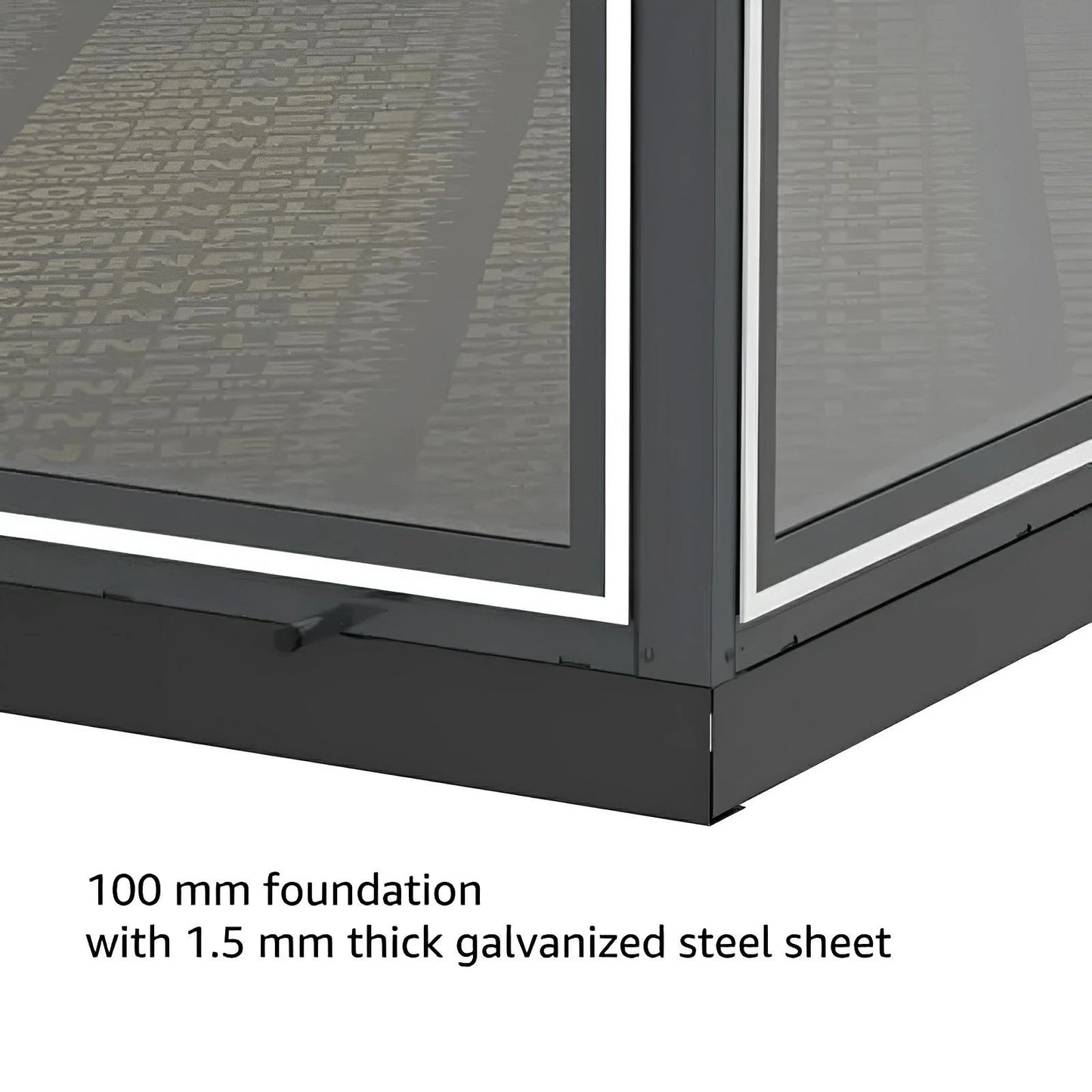Close-up of Duramax 10x10 Garden Room's 100mm foundation with 1.5mm thick galvanized steel sheet and glass panel corner.