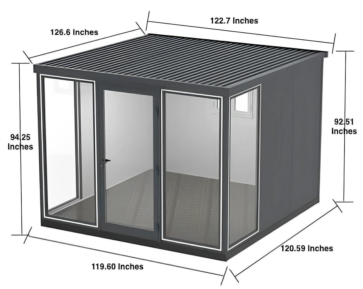 Duramax 10x10 Glass Garden Room with Steel and Glass Construction, Dimensions Displayed