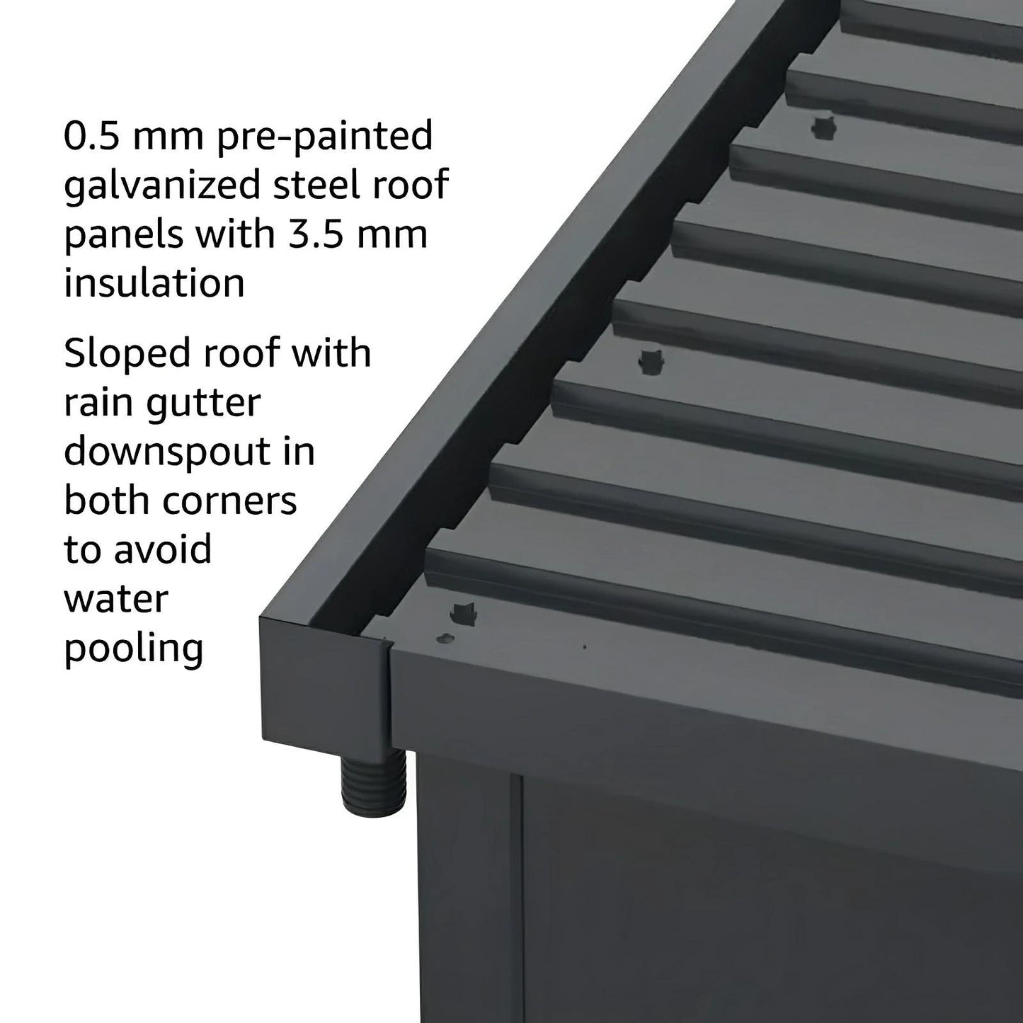 Duramax 10x10 Glass Garden Room showing pre-painted galvanized steel roof panels with rain gutter to prevent water pooling.
