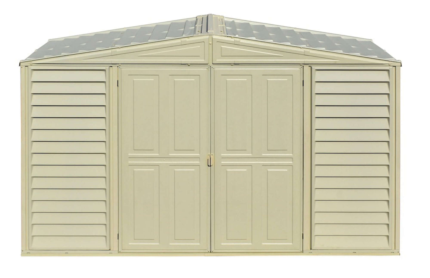 Duramax 10x3 SidePro Vinyl Shed with double doors and lean-to design, perfect for extra storage. Keywords: Duramax shed, Duramax Sheds.