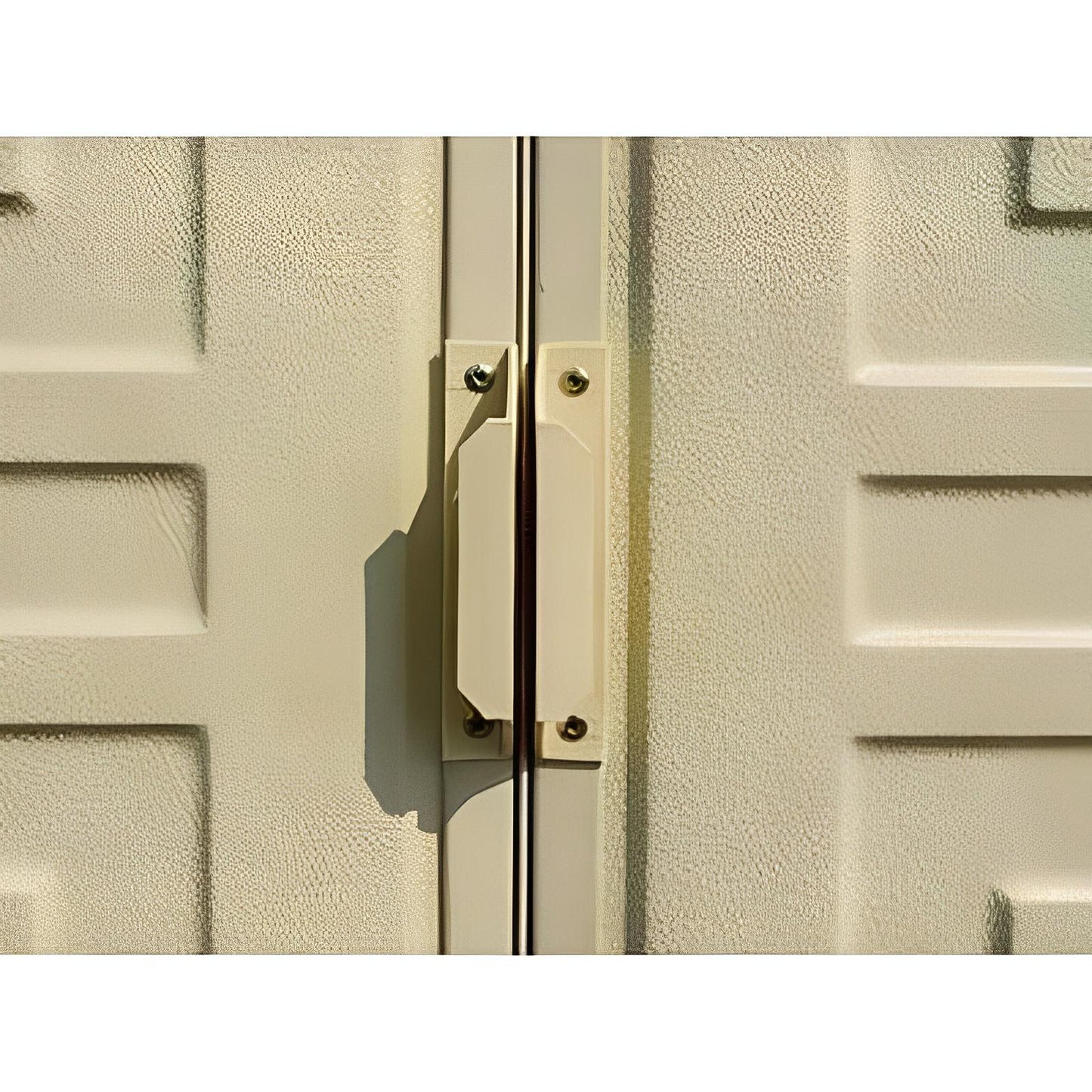 Close-up of door handle on the Duramax 10x3 SidePro Vinyl Shed showing textured finish and secure design.