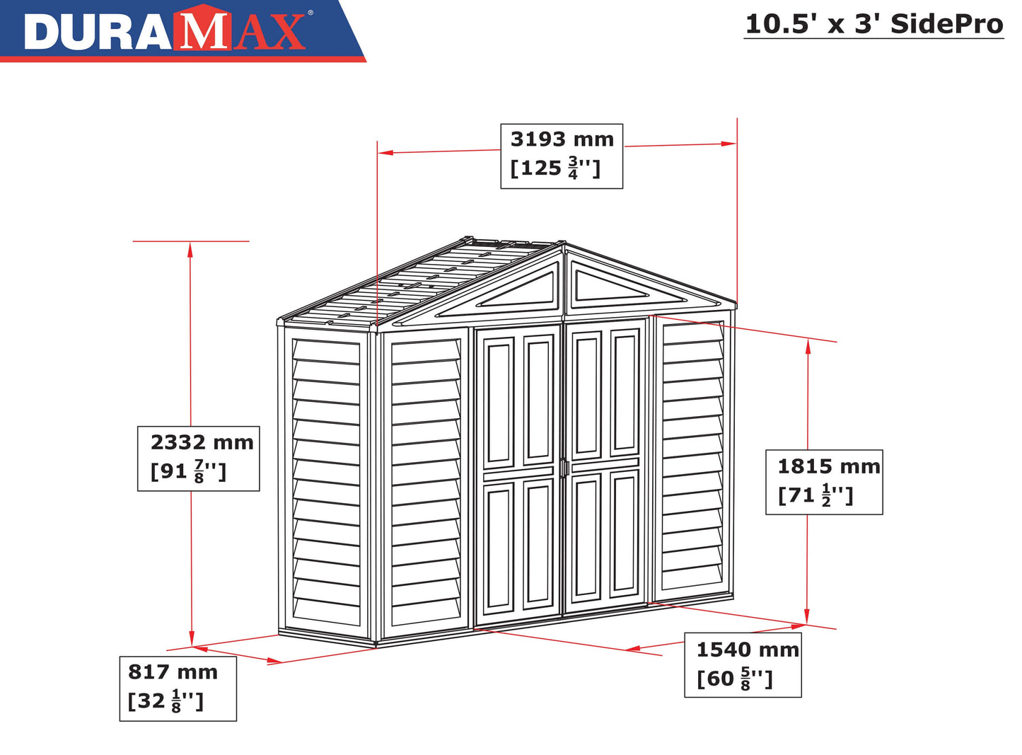 Duramax 10.5' x 3' SidePro Vinyl Shed diagram with measurements, illustrating storage design and dimensions. Ideal for extra storage.