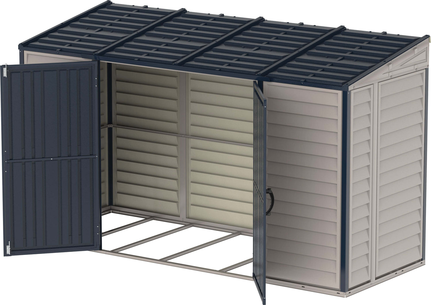 Duramax 10x4 SideMate PLUS Pro Vinyl Shed with open double doors, gray all-weather construction, perfect for garden storage.