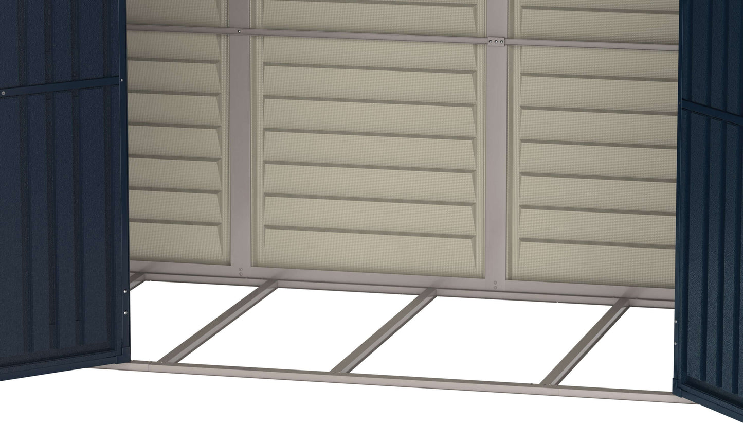 Interior view of Duramax 10x4 SideMate PLUS Pro Vinyl Shed with open double doors, showcasing durable vinyl construction.