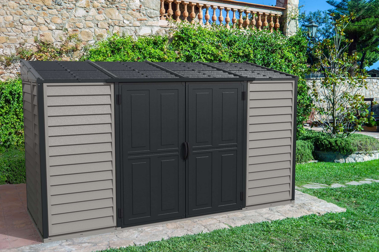 Duramax 10x4 SideMate PLUS Pro vinyl shed in gray with double doors, ideal for outdoor storage next to home. Keywords: Duramax shed.