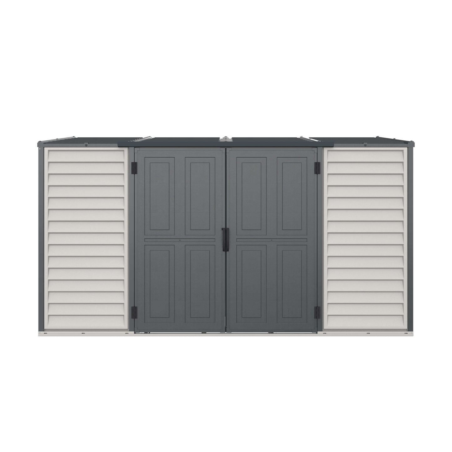Duramax 10x4 SideMate PLUS Pro vinyl shed with double doors, ideal outdoor storage solution, featuring durable gray all-weather design.
