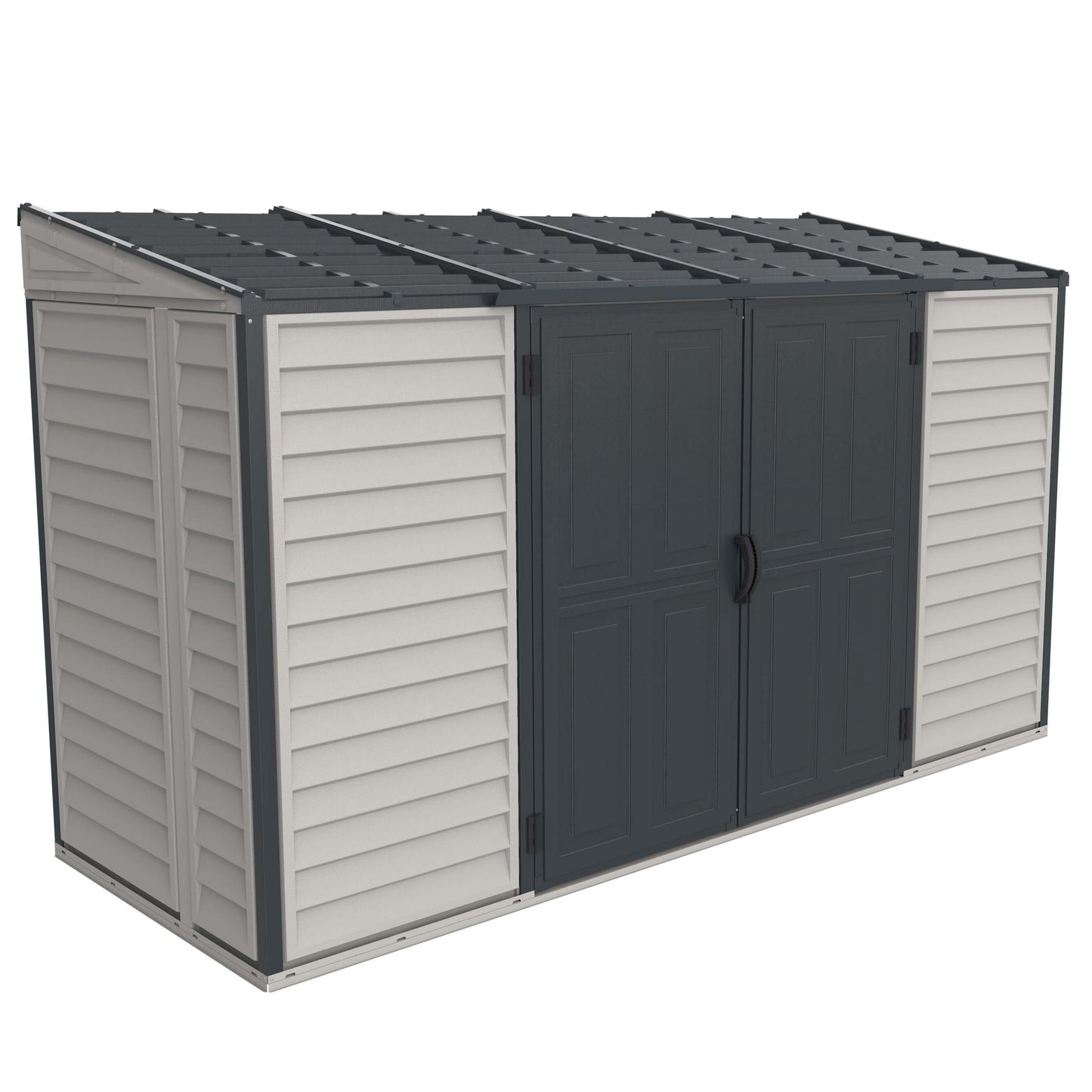 Duramax 10x4 SideMate PLUS Pro Vinyl Shed with gray all-weather finish and double doors for convenient outdoor storage.