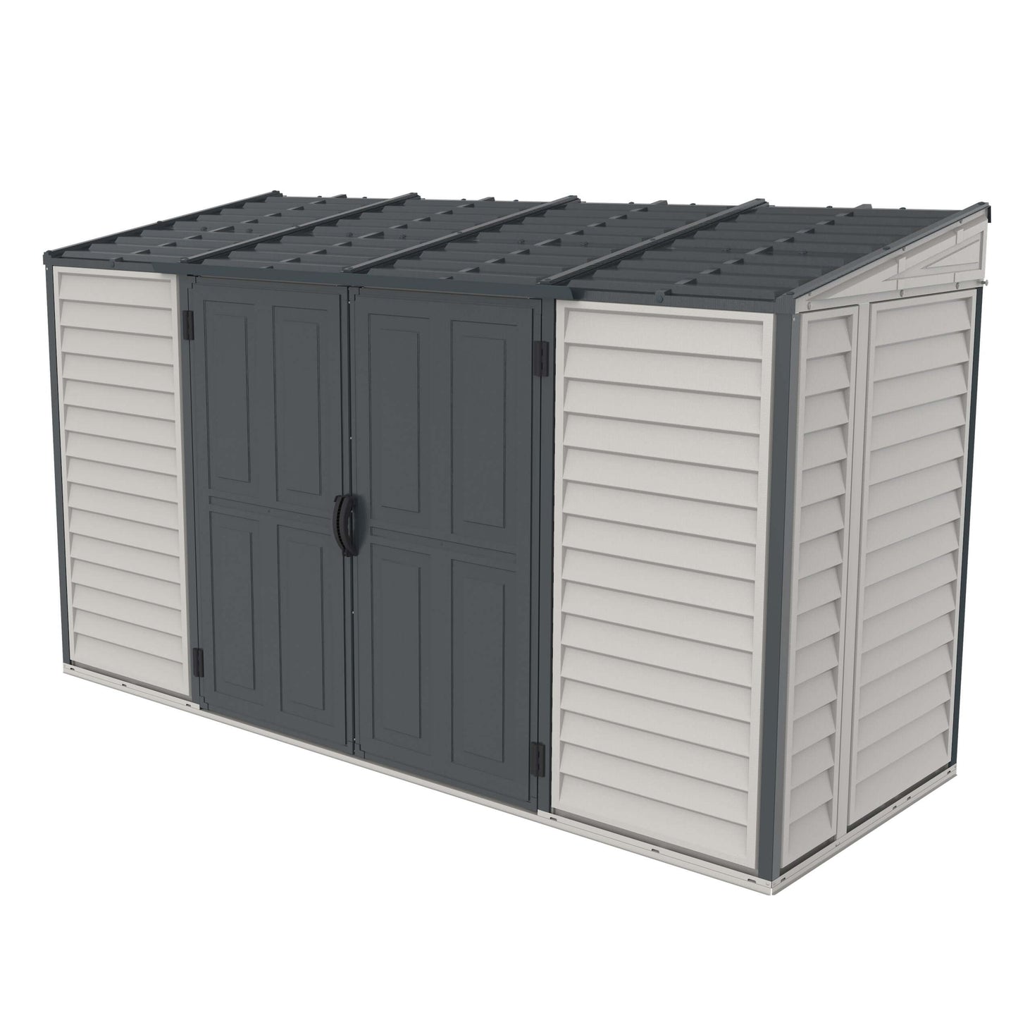 Duramax 10x4 SideMate PLUS Pro Vinyl Shed with double doors, ideal for outdoor storage, gray design, fits beside home.