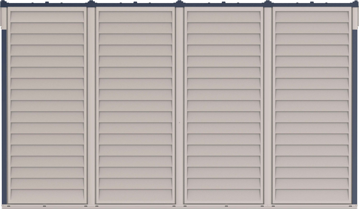 Rear panel of Duramax 10x4 SideMate PLUS Pro Vinyl Shed showcasing all-weather stylish gray design, perfect for outdoor storage.