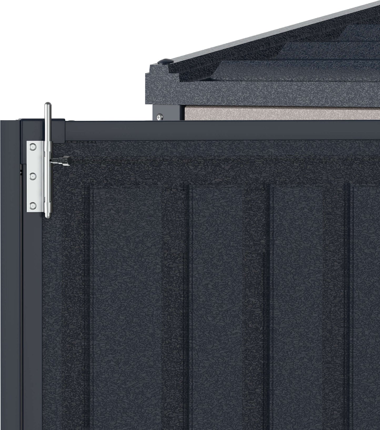Close-up view of Duramax 10x4 SideMate PLUS Pro Vinyl Shed corner featuring double doors in dark gray all-weather design.