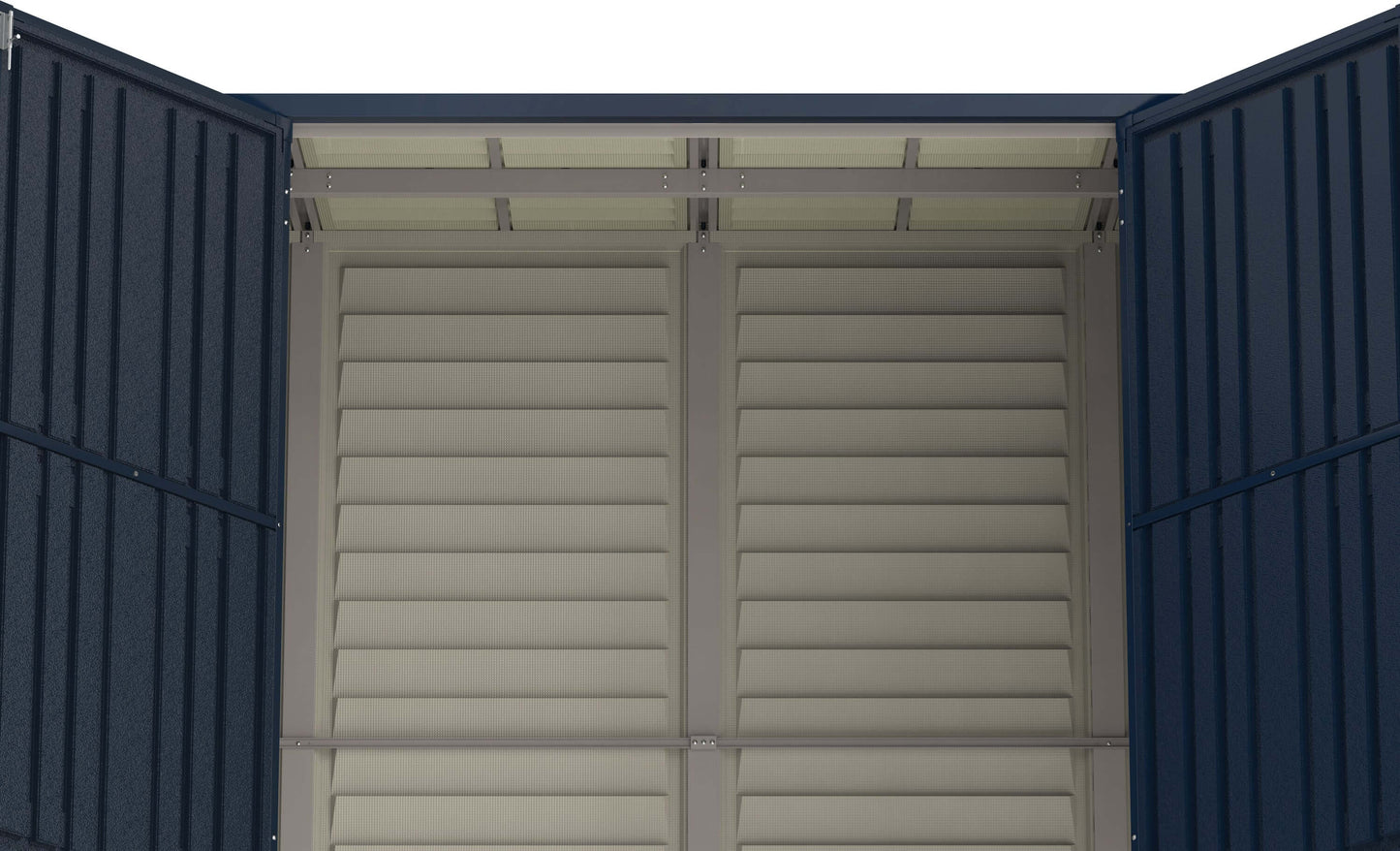 Inside view of Duramax 10x4 SideMate PLUS Pro Vinyl Shed double doors, showcasing sturdy gray vinyl construction.