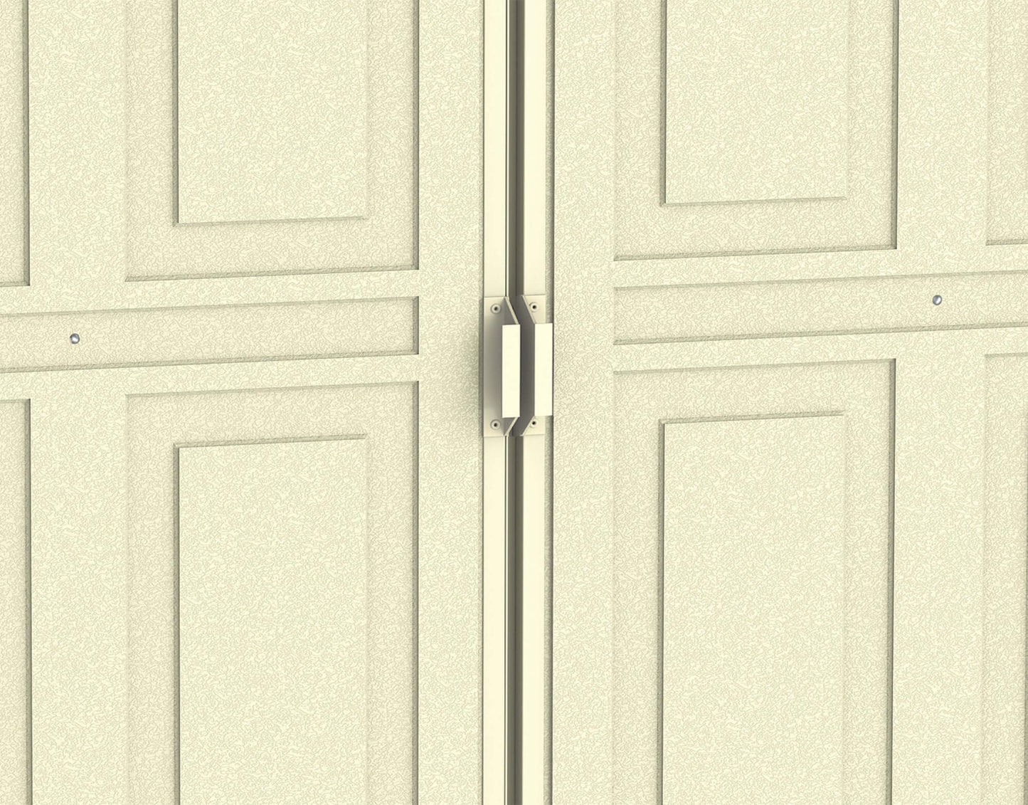 Close-up view of Duramax 10x5 WoodBridge Vinyl Shed double doors, showcasing sturdy design and durable construction.