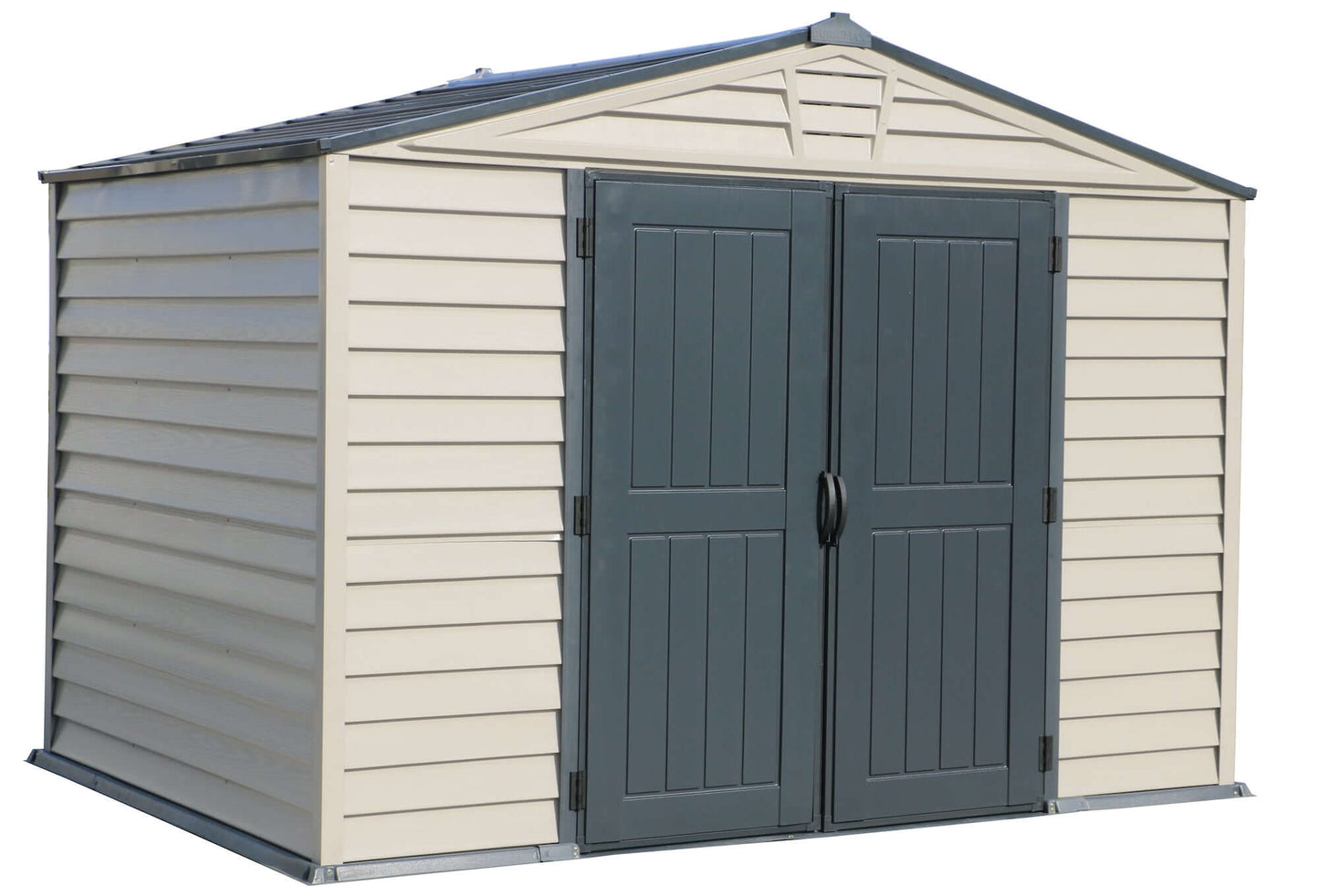 Duramax 10x8 StoreMax PLUS Vinyl Shed with Floor, featuring robust all-weather design, rust, and rot resistance. Includes full skylight.