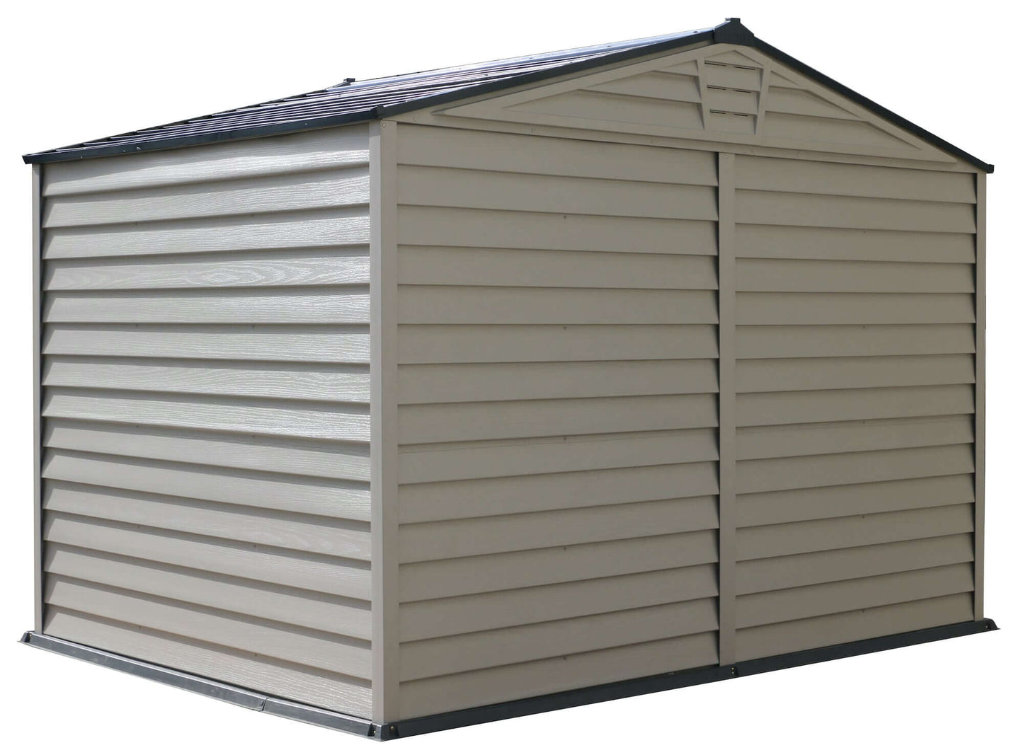 Duramax 10x8 StoreMax PLUS Vinyl Shed with molded floor, featuring robust, rust-resistant design, ideal for low-maintenance storage.