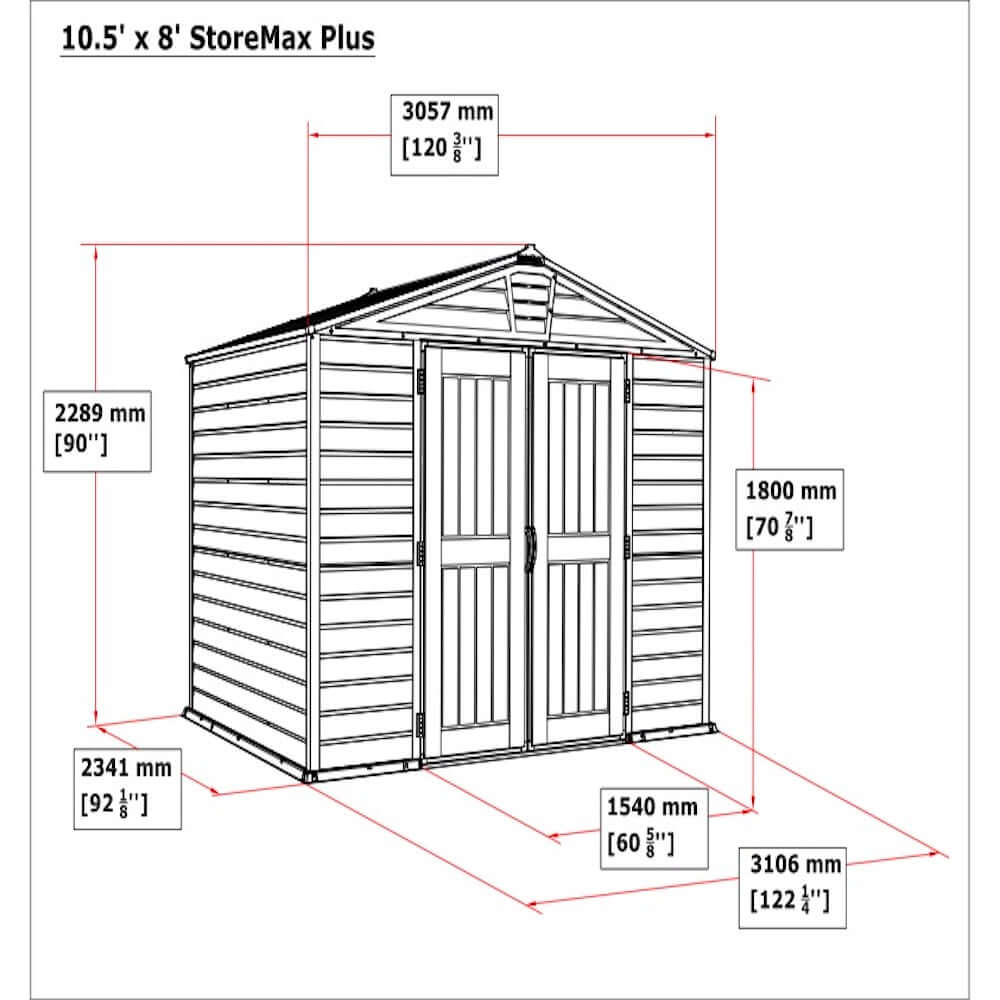 Diagram of Duramax 10x8 StoreMax PLUS Vinyl Shed highlighting dimensions and robust design features.
