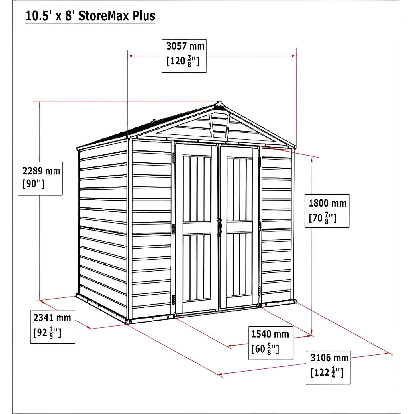 Diagram of Duramax 10x8 StoreMax PLUS Vinyl Shed highlighting dimensions and robust design features.