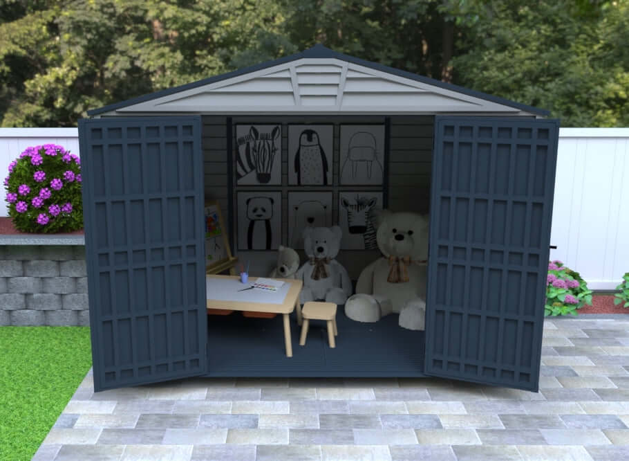 Duramax 10x8 StoreMax PLUS Vinyl Shed with open doors, showcasing interior space used for storage or play area.