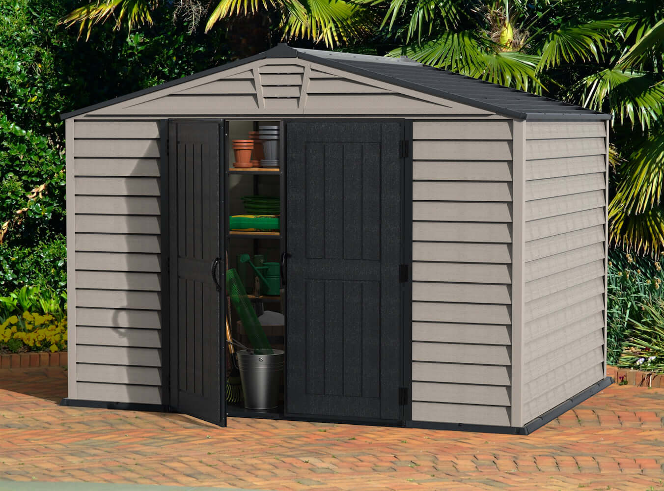 Duramax 10x8 StoreMax PLUS Vinyl Shed with open doors, showcasing all-weather durability and interior storage space.