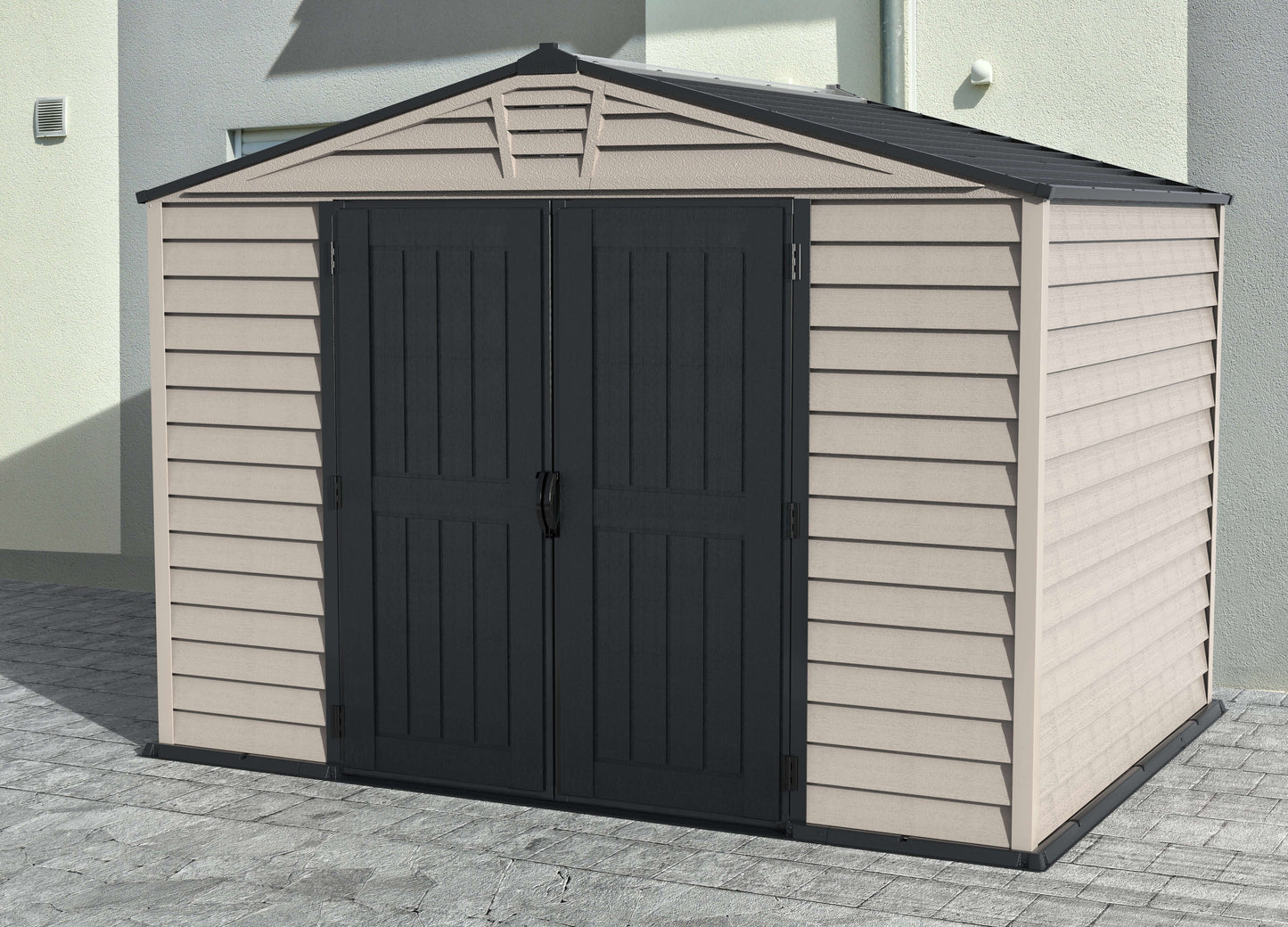 Duramax 10x8 StoreMax PLUS Vinyl Shed with Floor, featuring all-weather vinyl construction and skylight, ideal for outdoor storage.