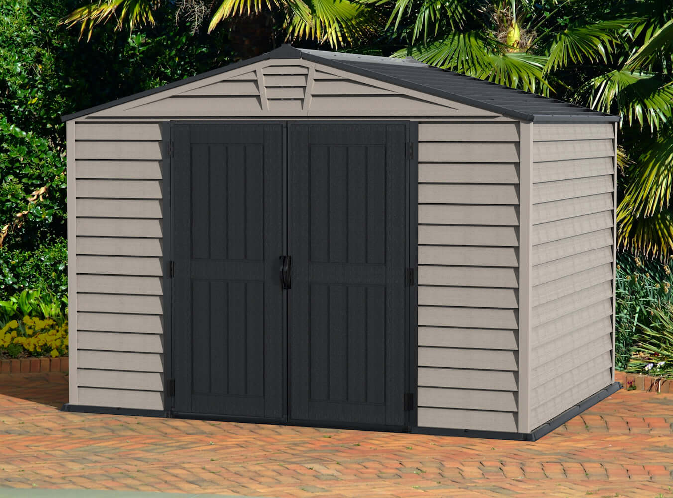 Duramax 10x8 StoreMax PLUS Vinyl Shed with floor, resistant to rust, rot, and mildew, featuring all-weather design and skylight.