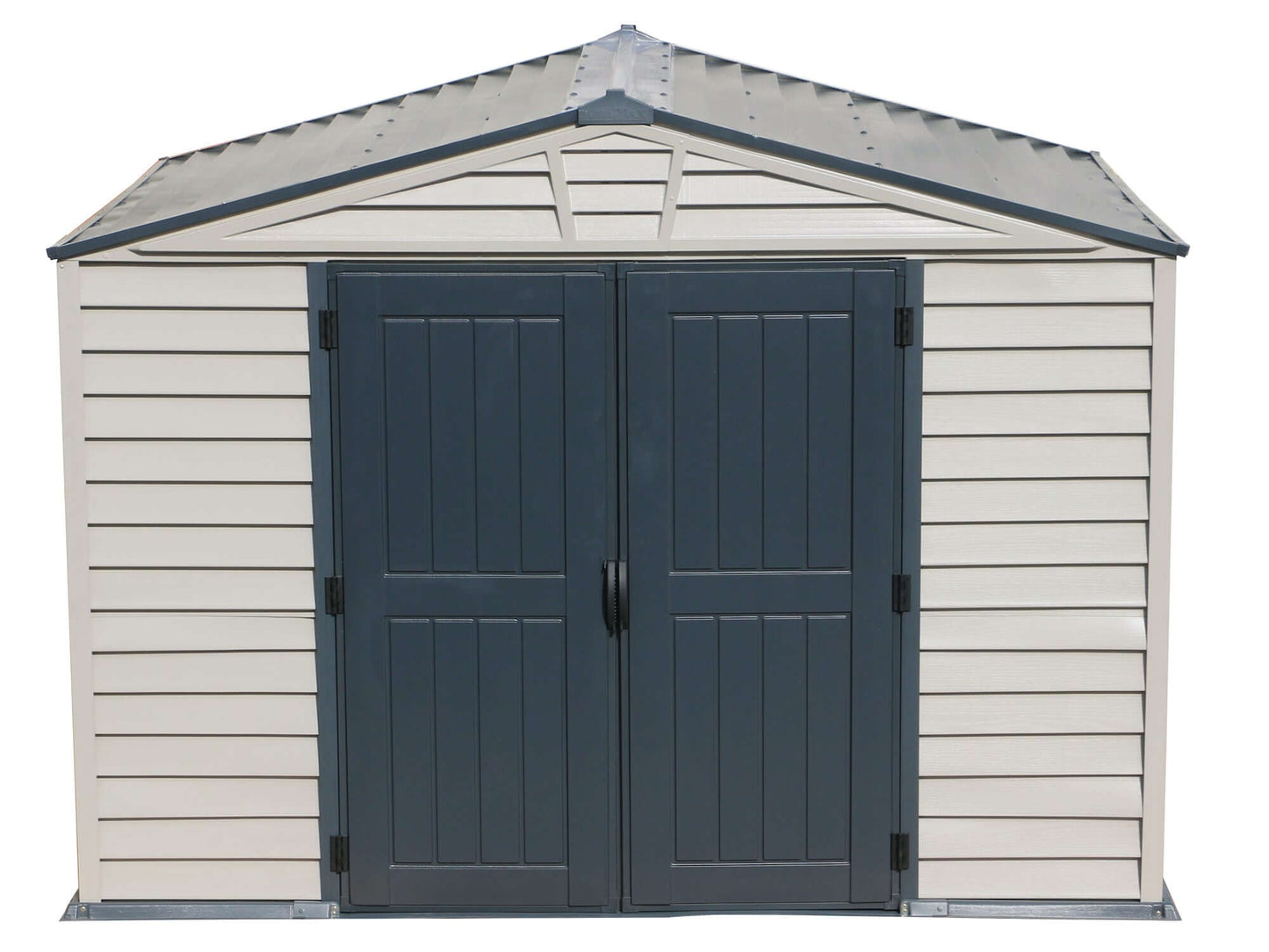 Duramax 10x8 StoreMax PLUS Vinyl Shed with floor, features durable weather-resistant design, skylight, and easy maintenance.