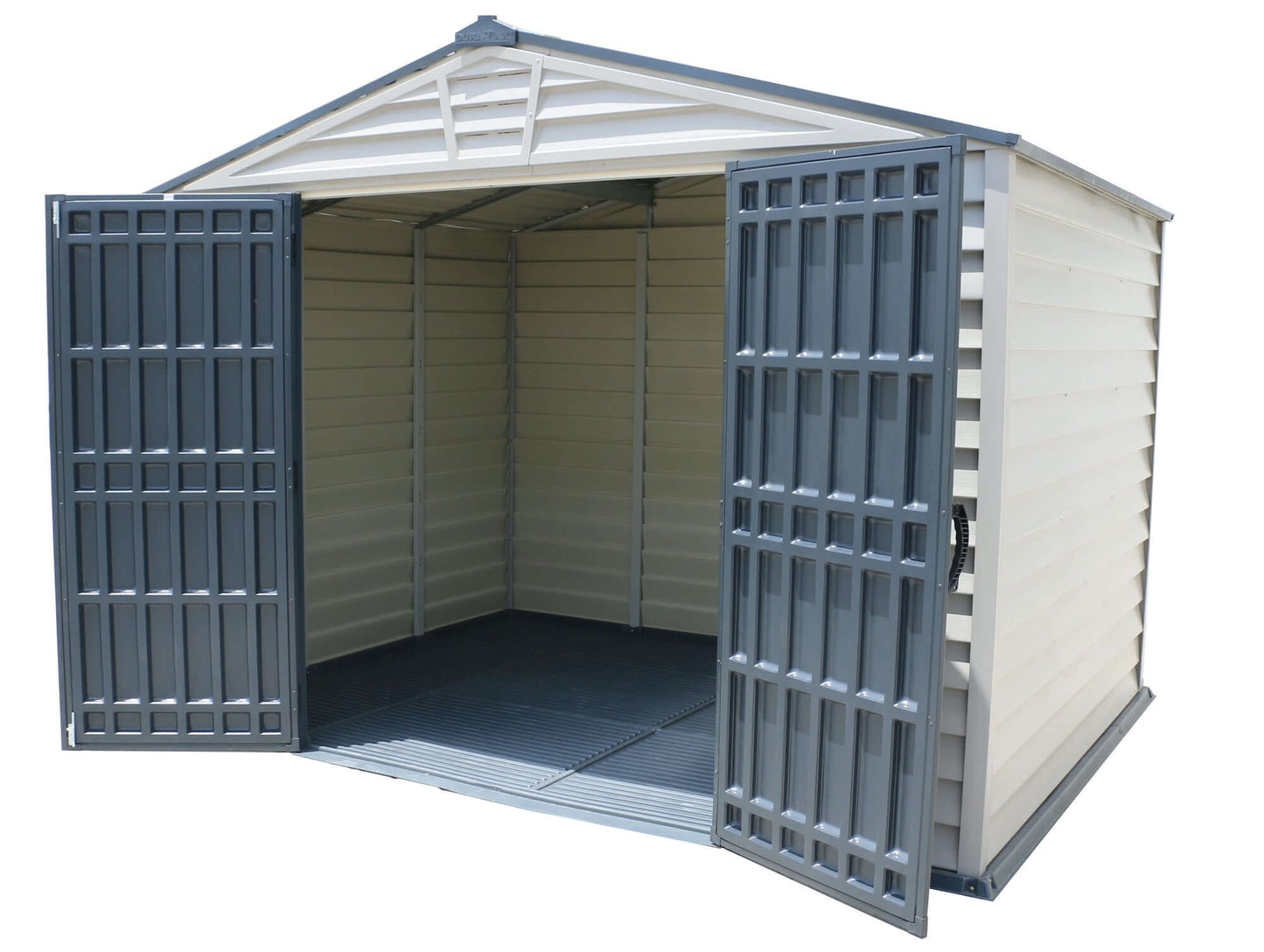 Duramax 10x8 StoreMax PLUS Vinyl Shed with open doors, featuring robust vinyl floor and skylight for natural light.