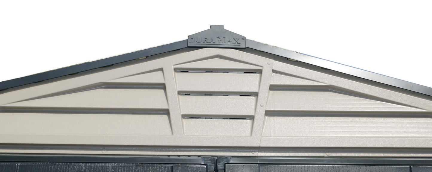 Top view of Duramax 10x8 StoreMax PLUS Vinyl Shed showing the roof design for durability and minimal maintenance.