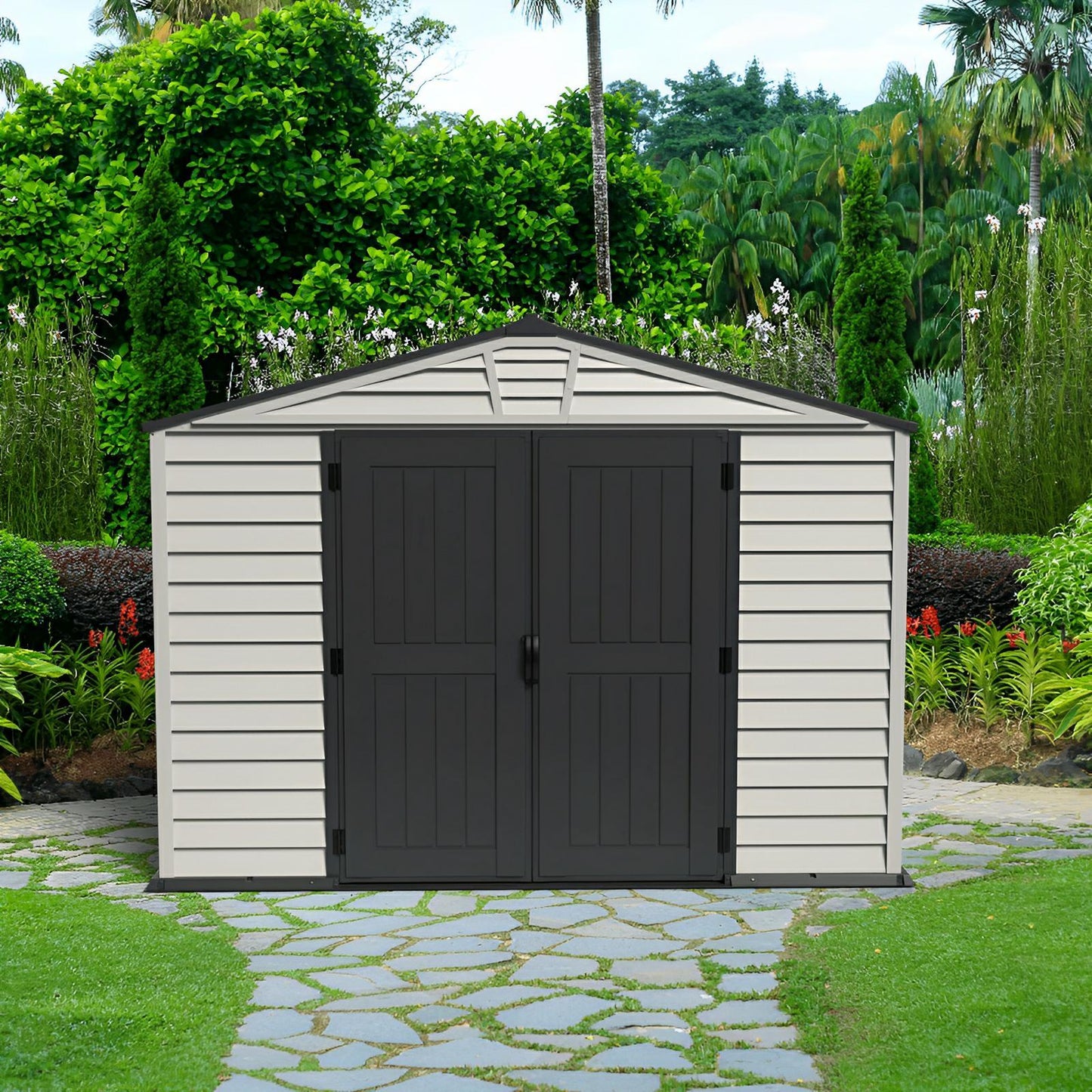 Duramax 10x8 StoreMax PLUS Vinyl Shed with floor in a garden setting, showcasing durable, all-weather construction.