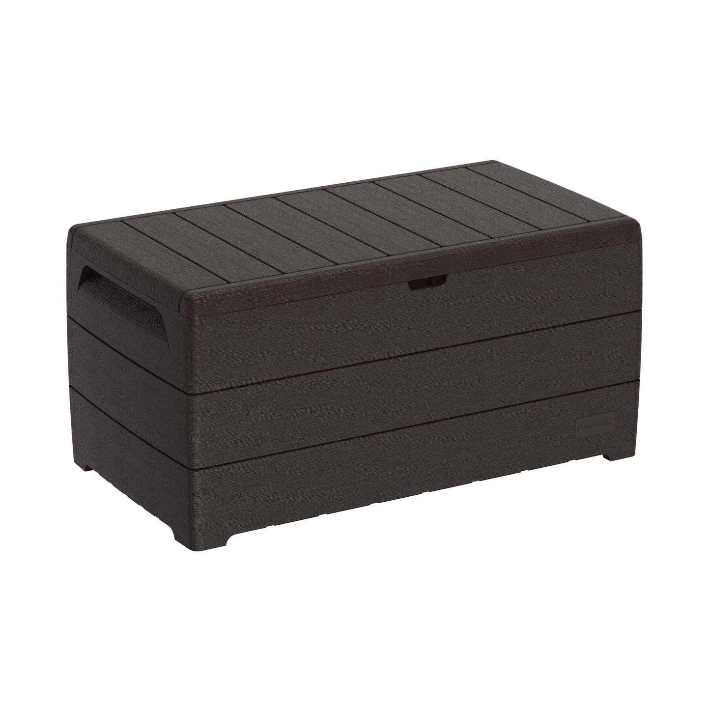 Duramax 110 Gal Cedar Grain Deck Box in brown, ideal for outdoor storage with fire-resistant resin.