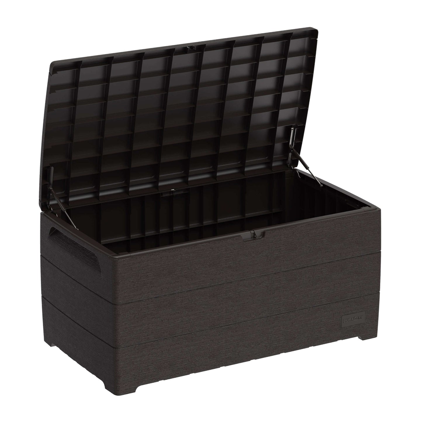 Duramax 110 Gal. CedarGrain Deck Box in Brown with open lid, made of fire-resistant plastic resin, ideal for outdoor storage.