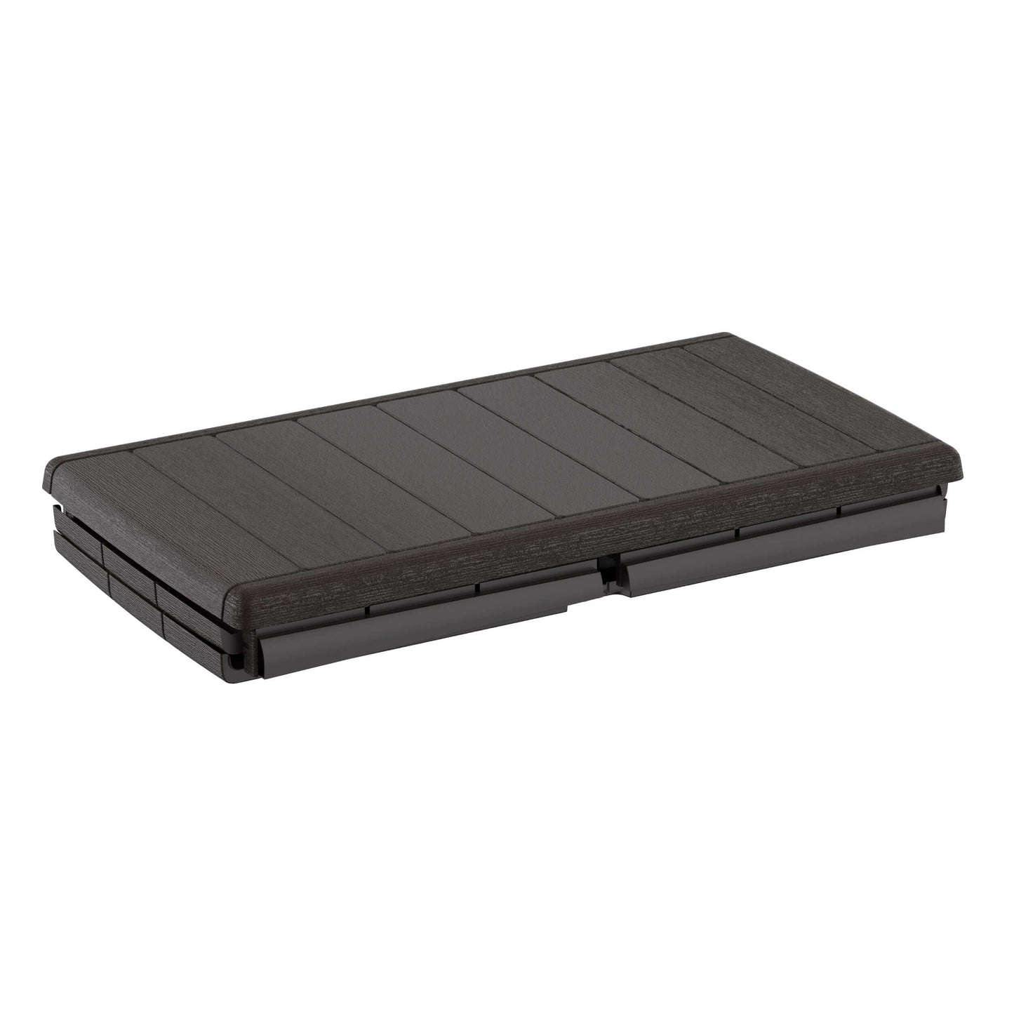 Closed view of Duramax Cedar Grain Deck Box in brown showing fire-resistant plastic resin construction.