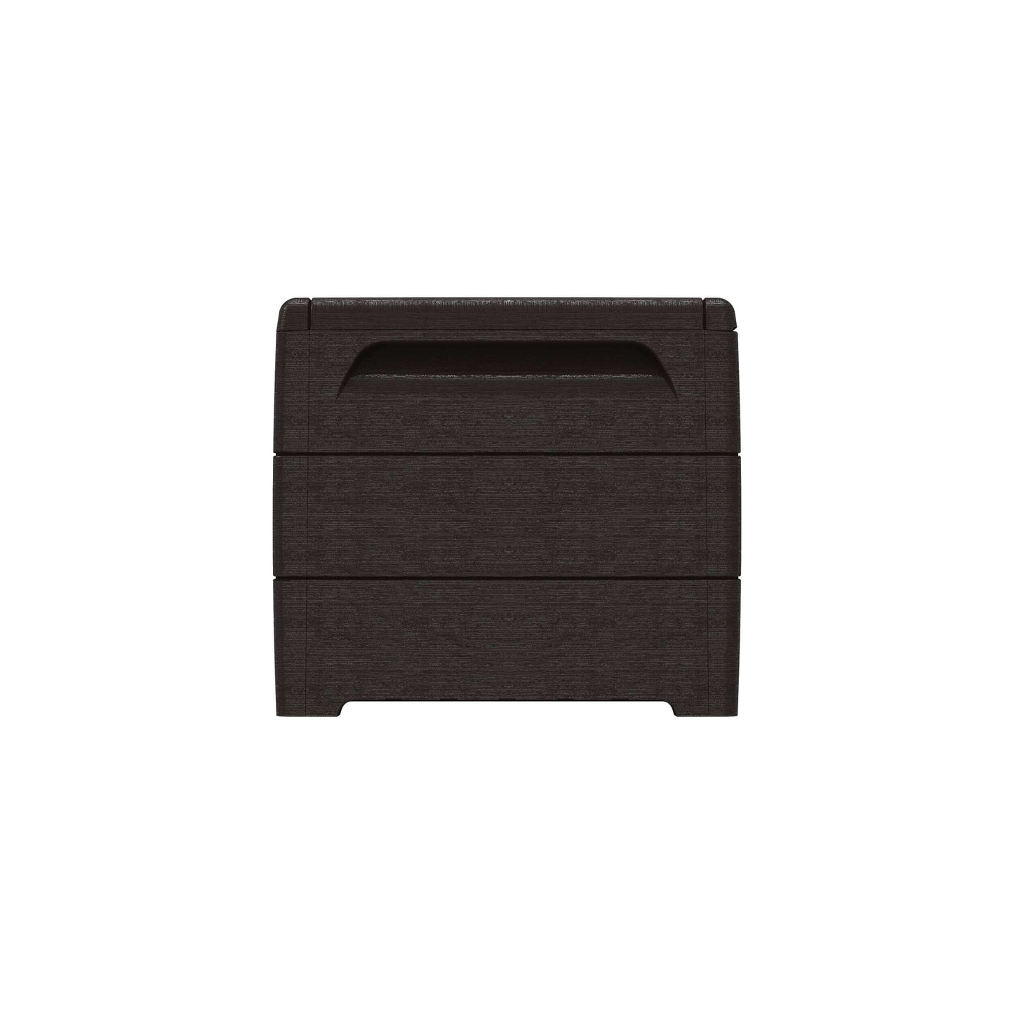 Front view of Duramax 110 Gal. Cedar Grain Deck Box in Brown, made from fire-resistant plastic resin with 51-inch width.
