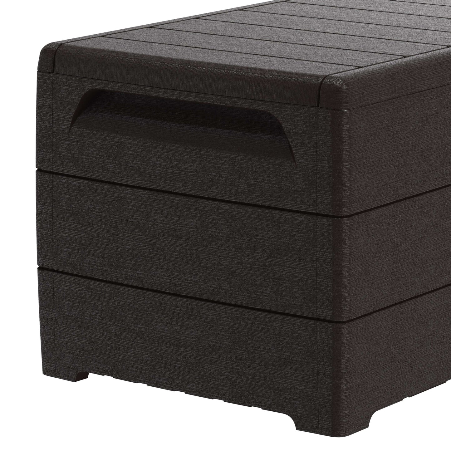 Duramax 110 Gal. Cedar Grain Deck Box in Brown, fire-resistant resin, ideal for outdoor storage with stylish design.