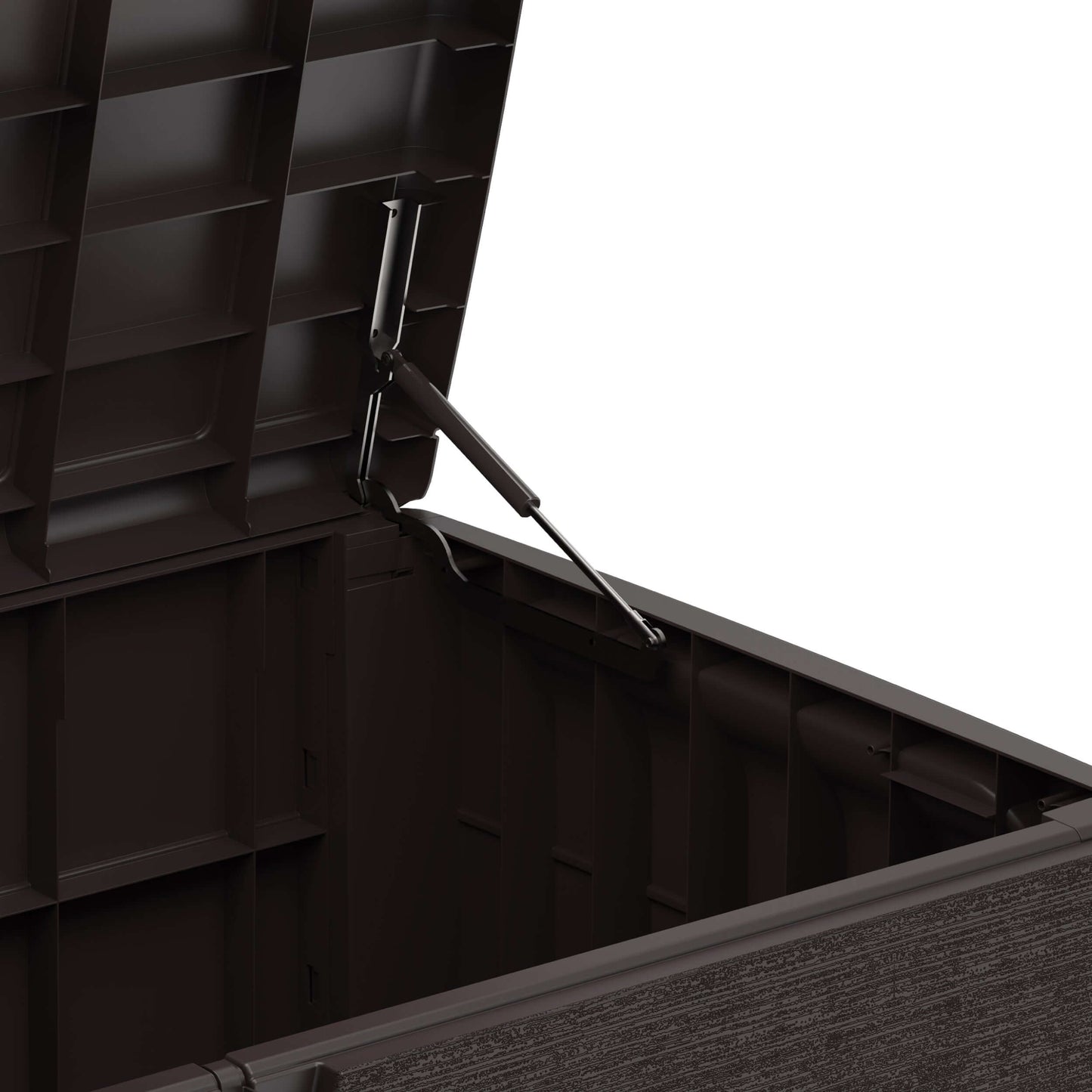 Open view of Duramax 110 Gal. Cedar Grain Deck Box showing the storage space and lid hinge mechanism.