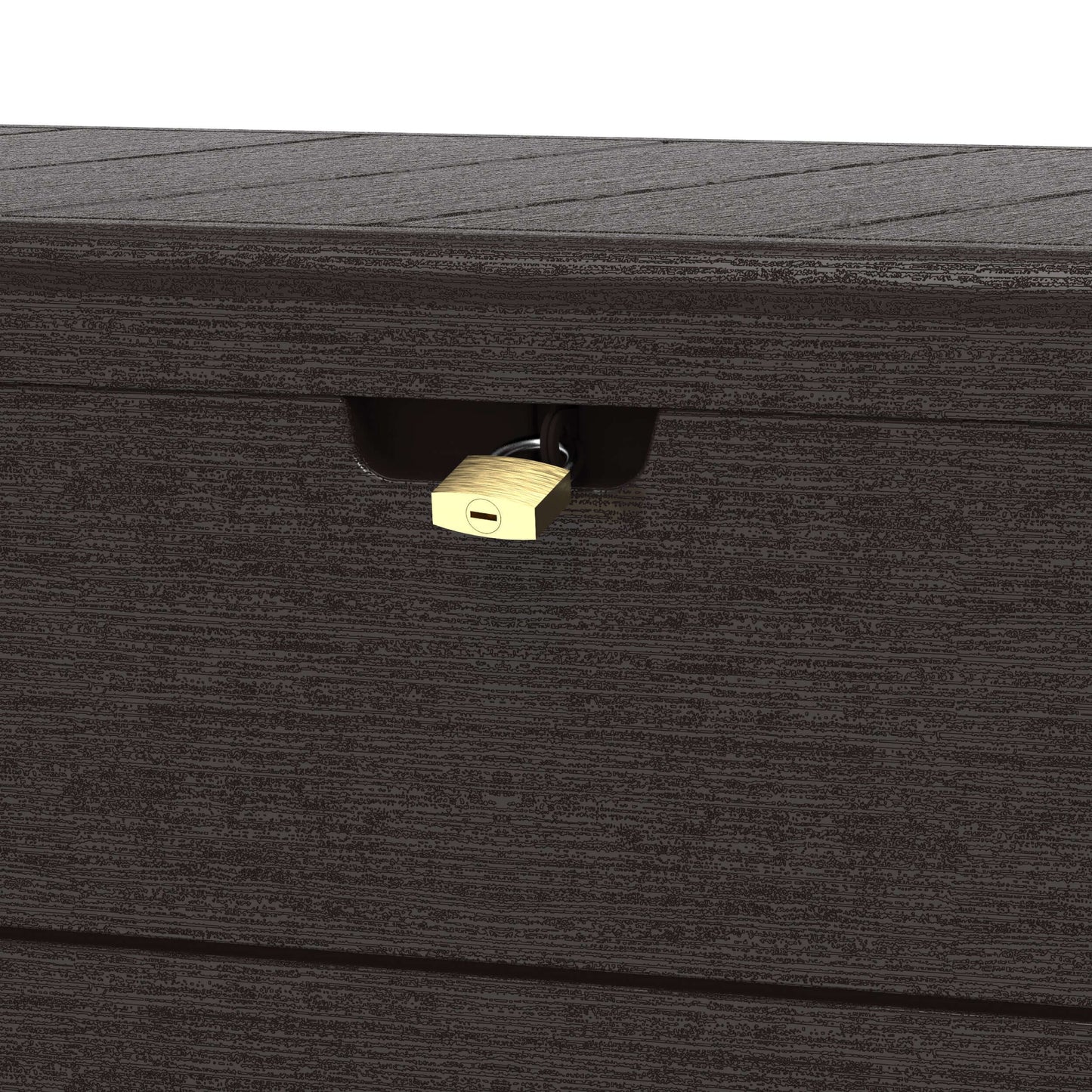 Duramax 110 Gal. Cedar Grain Deck Box in brown with lockable lid, showcasing secure outdoor storage solution.