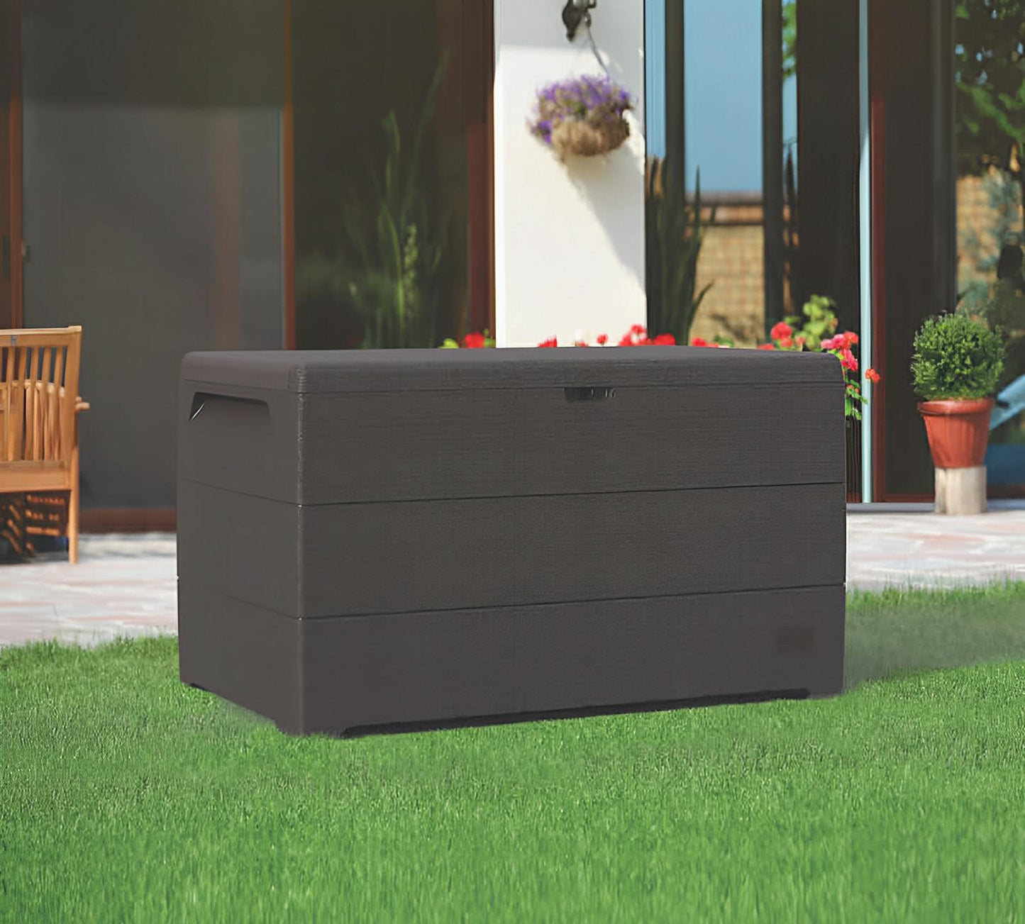Duramax 110 Gal. CedarGrain Brown Deck Box in garden setting, crafted from fire-resistant plastic resin for outdoor storage, 51"x27.6"x24.6".