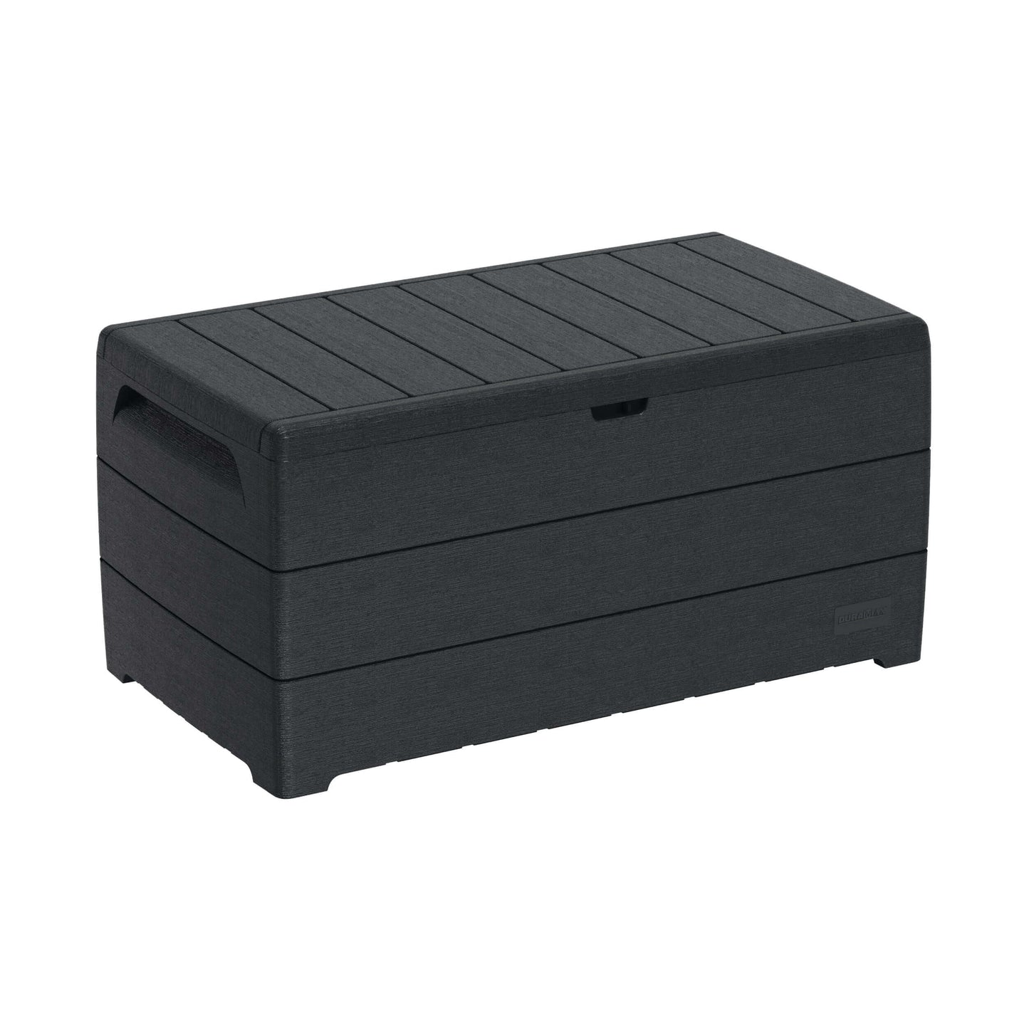 Duramax 110 Gal CedarGrain Deck Box in gray, ideal for outdoor storage with fire-resistant resin, measuring 51”x27.6”x24.6”.